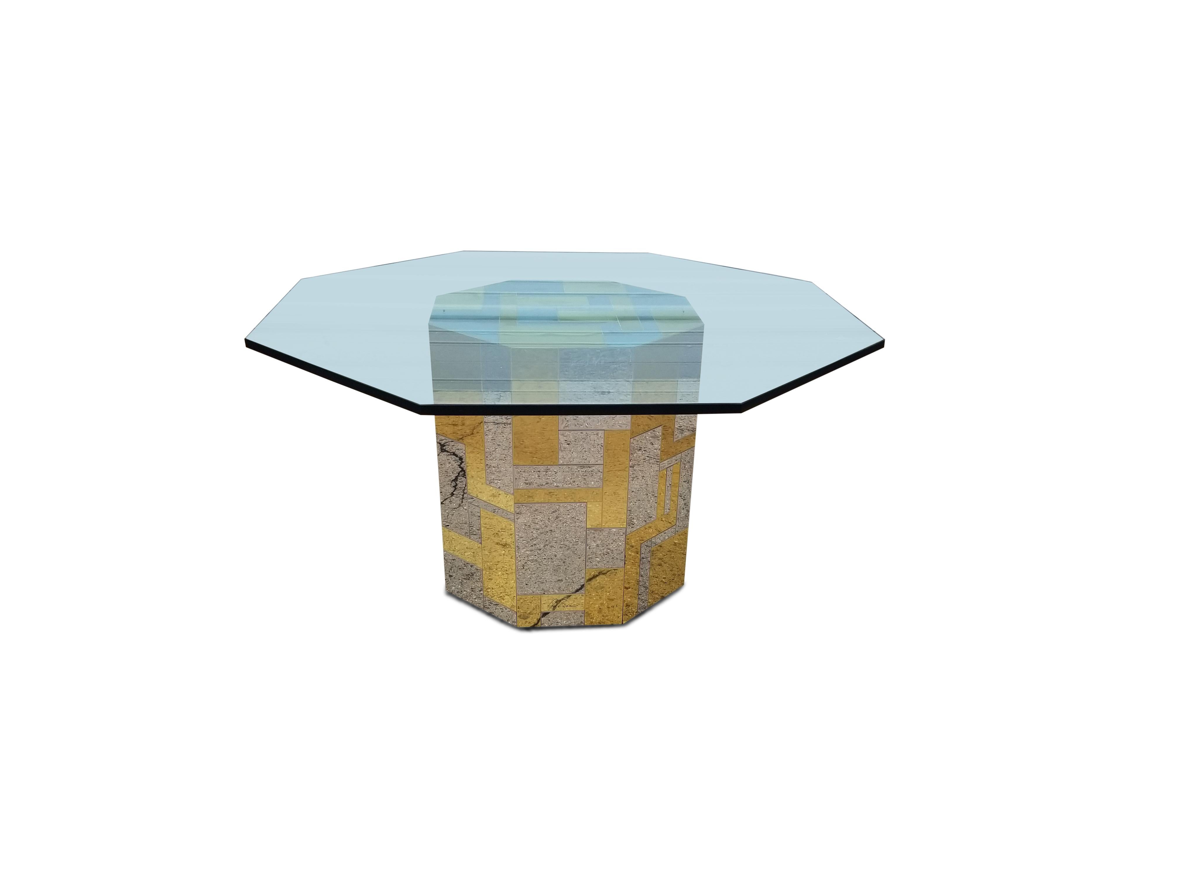 Signed Paul Evans octagonal cityscape pedestal dining table 

Table is showing reflection from floor.