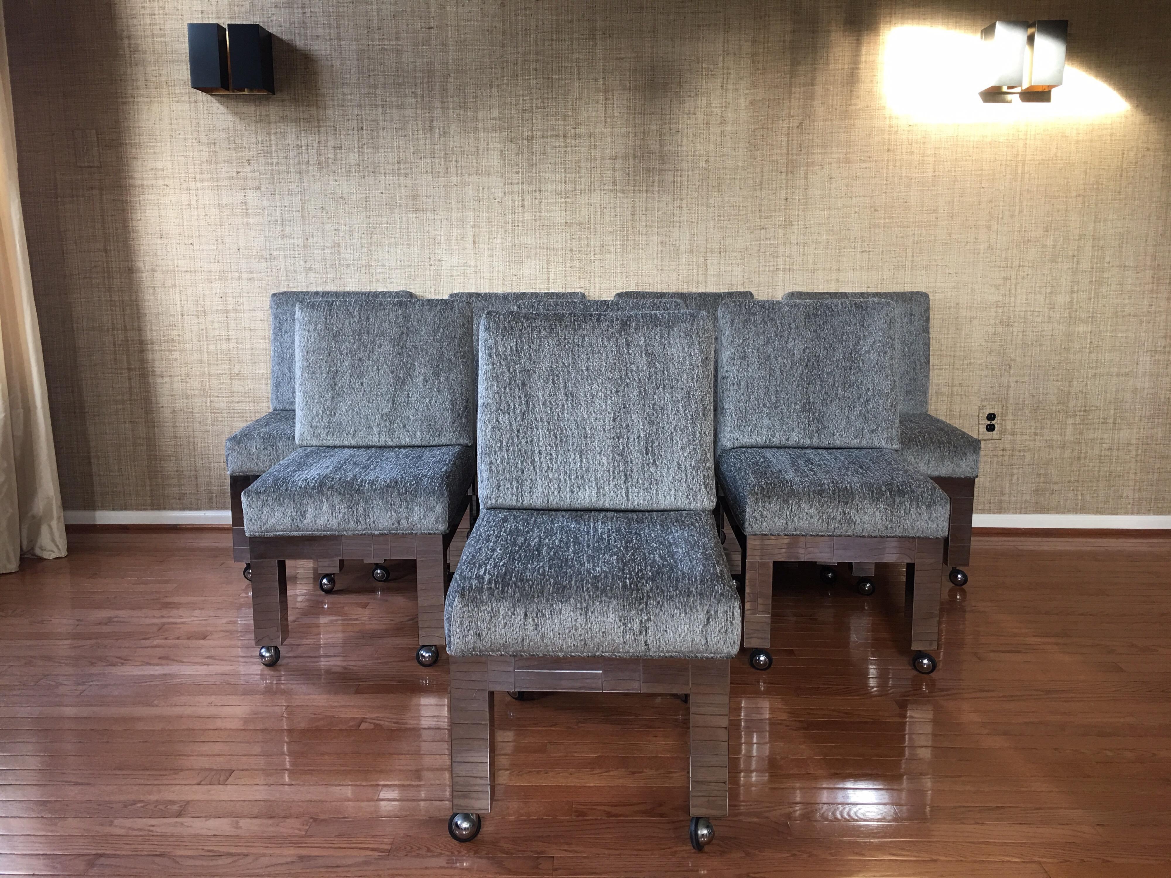 Fabulous and rare set of eight Mid-Century Modern original PE-240 Paul Evans iconic city scape dining room side chairs for Directional, circa early 1970s, new hope, PA. Original paper labels on bottom of seats of all eight chairs “Paul Evans, Inc”.