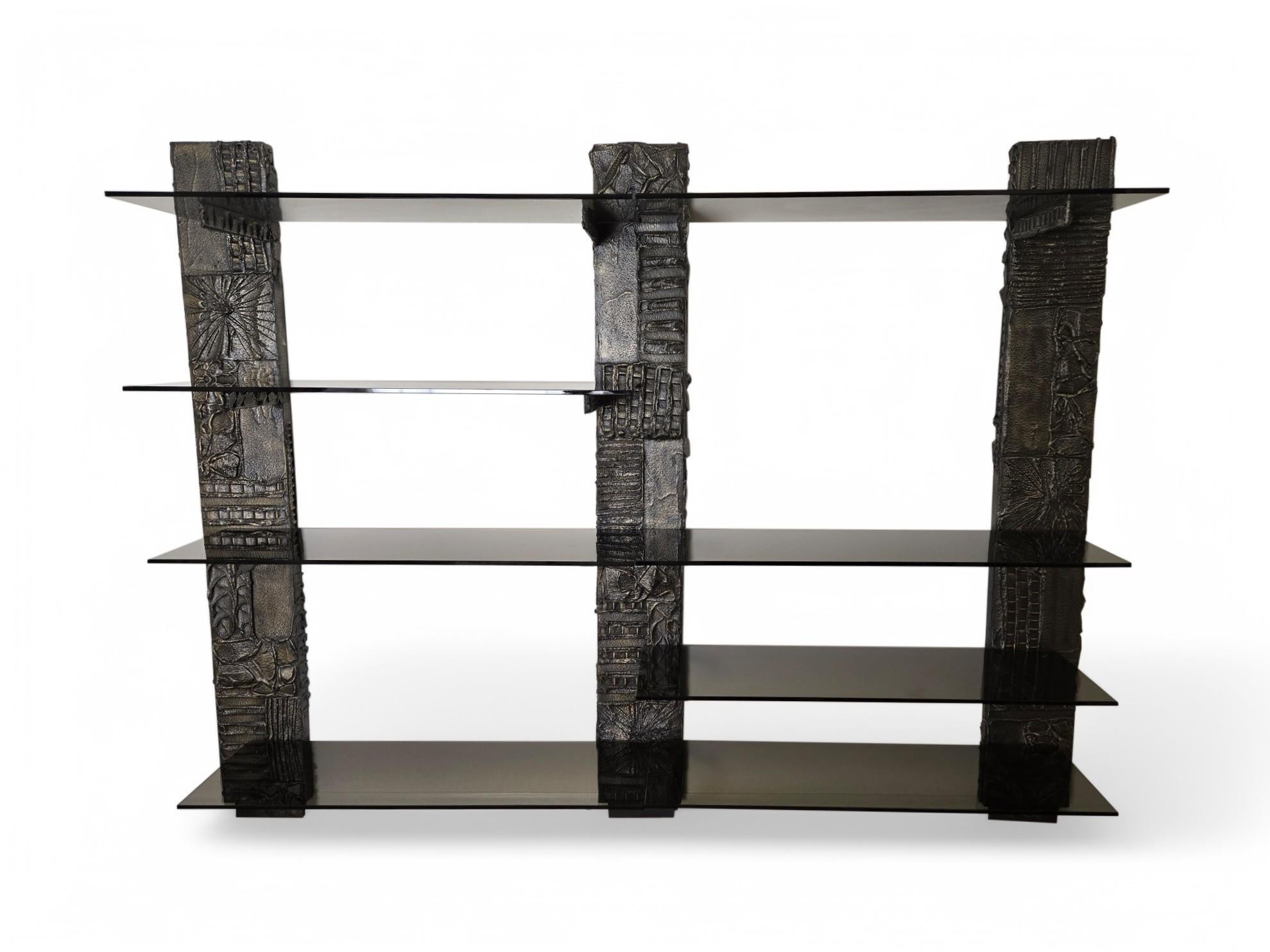 Signed Paul Evans Sculpted Bronze Wall Unit with Smoked Glass 1971 For Sale 4