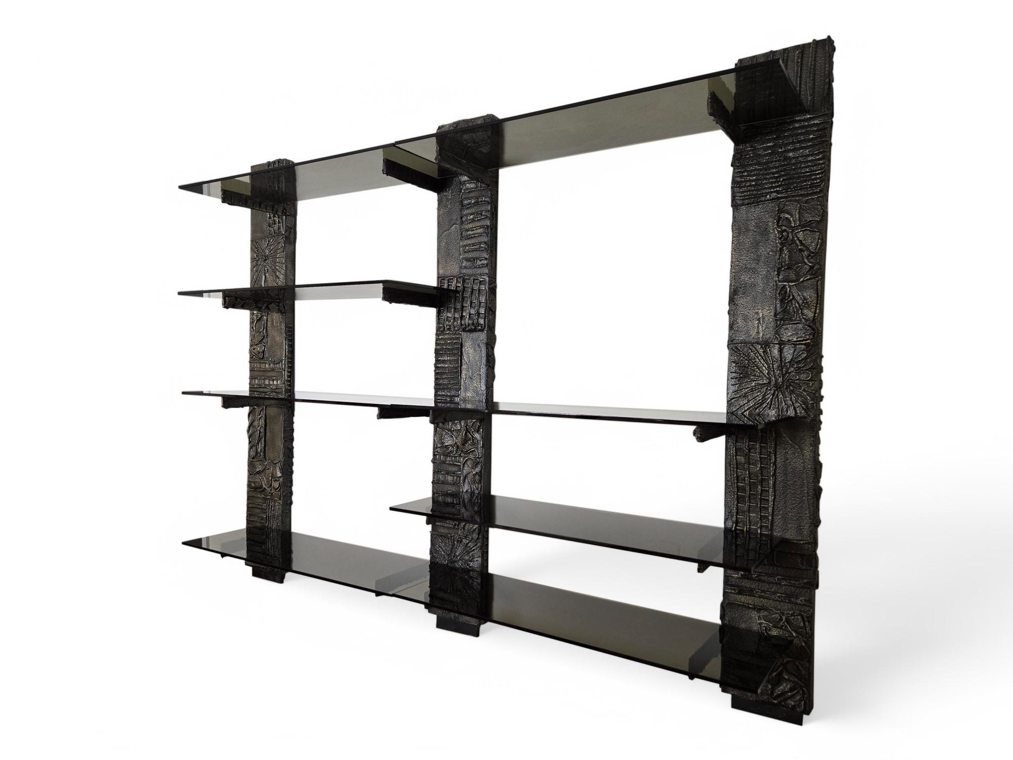 Signed Paul Evans Sculpted Bronze Wall Unit with Smoked Glass 1971 For Sale 5