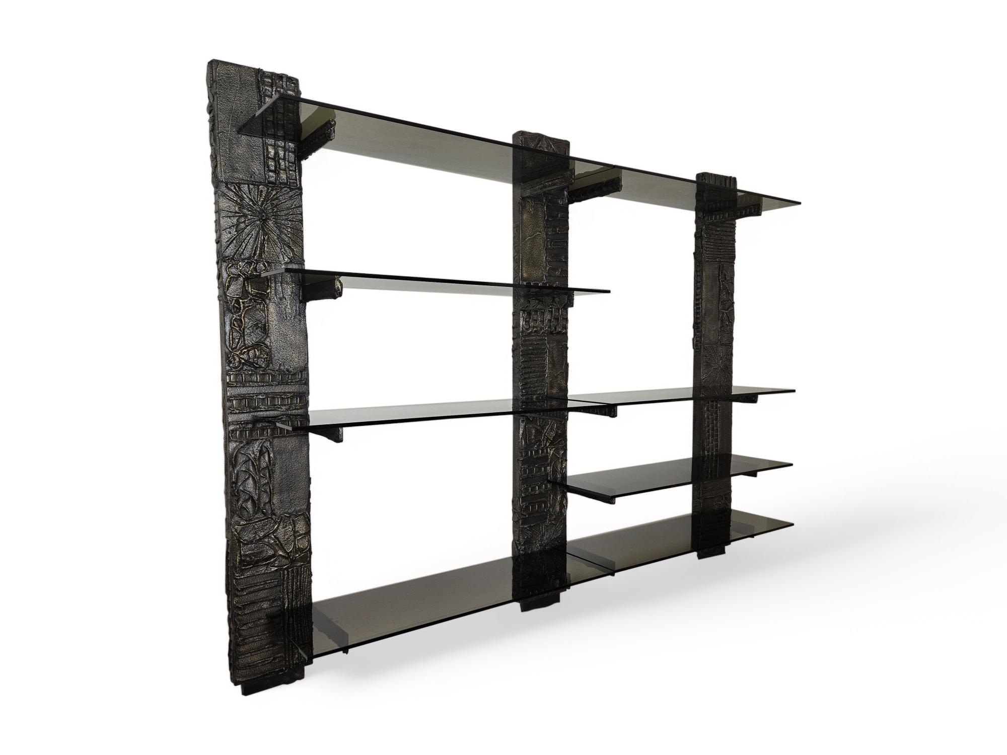 Signed Paul Evans Sculpted Bronze Wall Unit with Smoked Glass 1971 For Sale 6