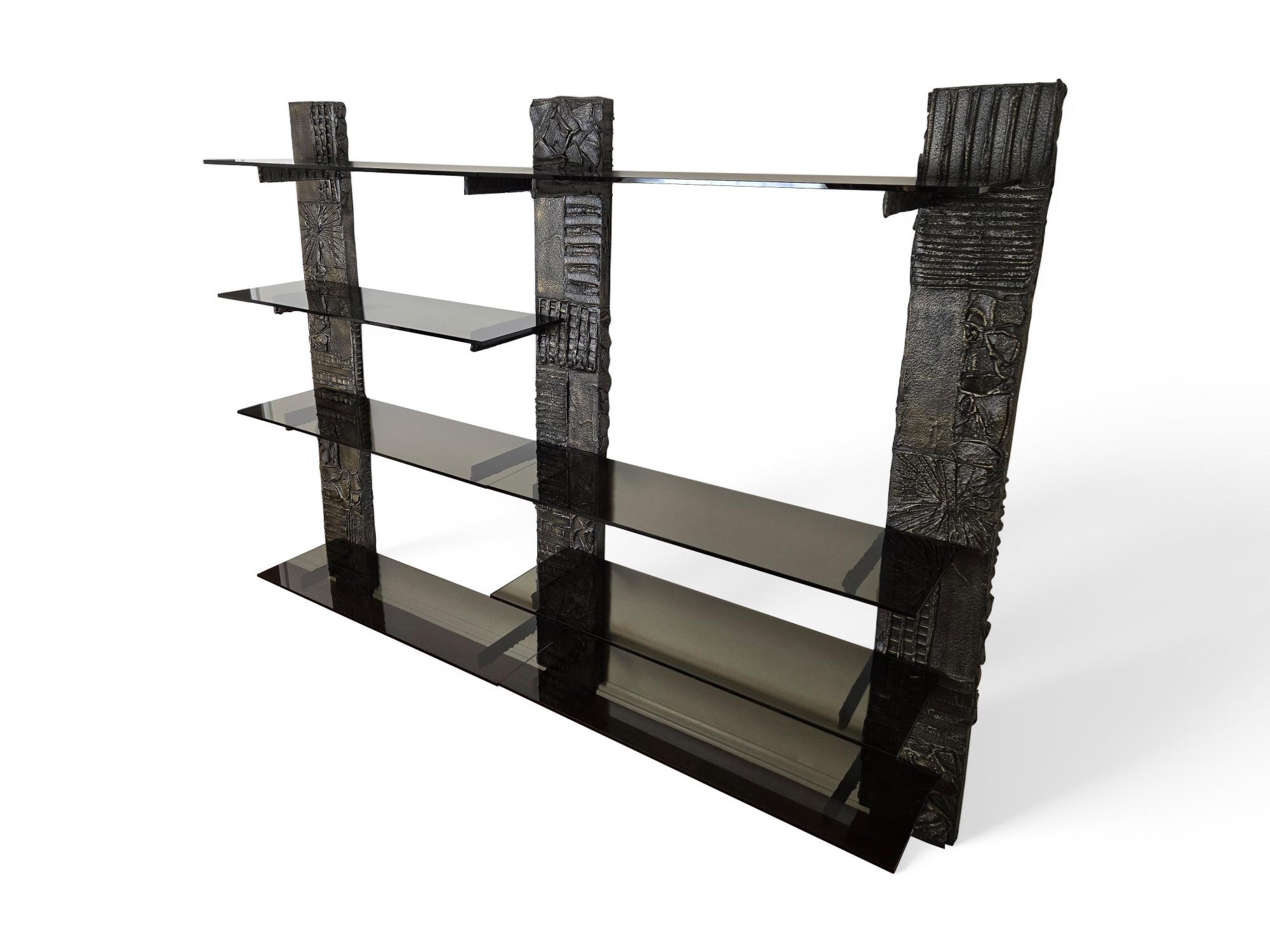 Signed Paul Evans Sculpted Bronze Wall Unit with Smoked Glass 1971 For Sale 8