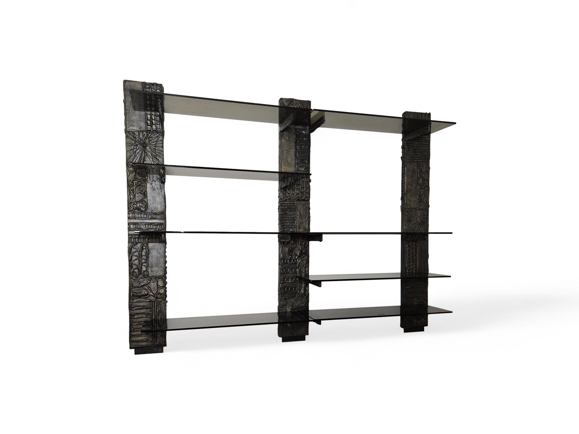 Signed Paul Evans Sculpted Bronze Wall Unit with Smoked Glass 1971 For Sale 9