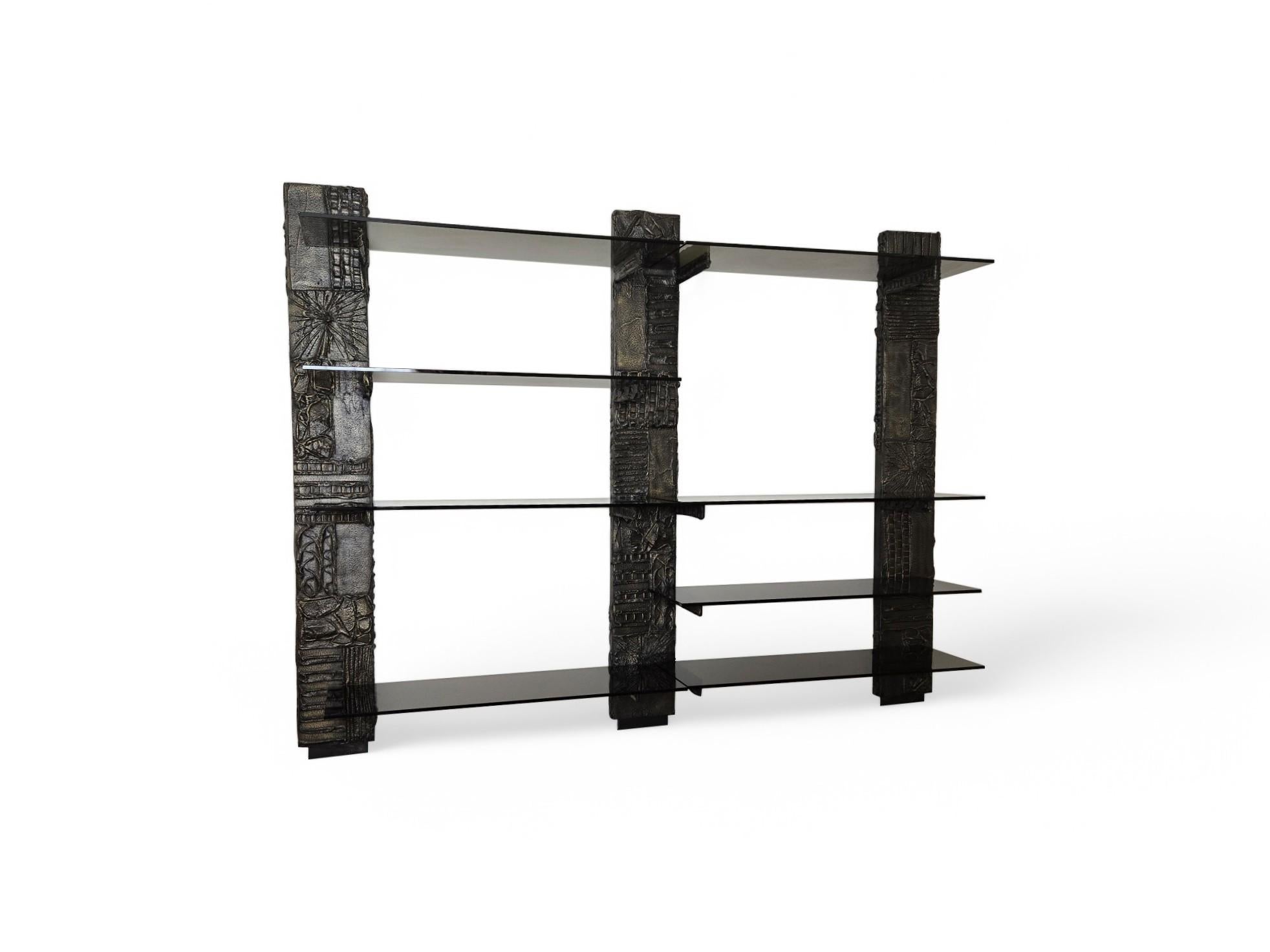 Signed Paul Evans Sculpted Bronze Wall Unit with Smoked Glass 1971 For Sale 10