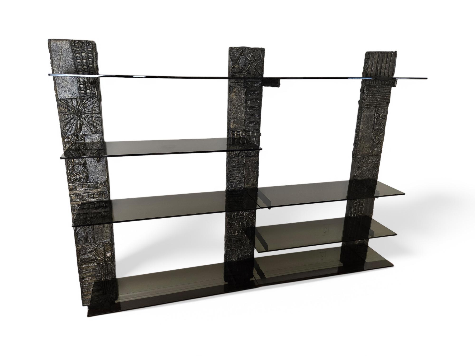 Signed Paul Evans Sculpted Bronze Wall Unit with Smoked Glass 1971 For Sale 11