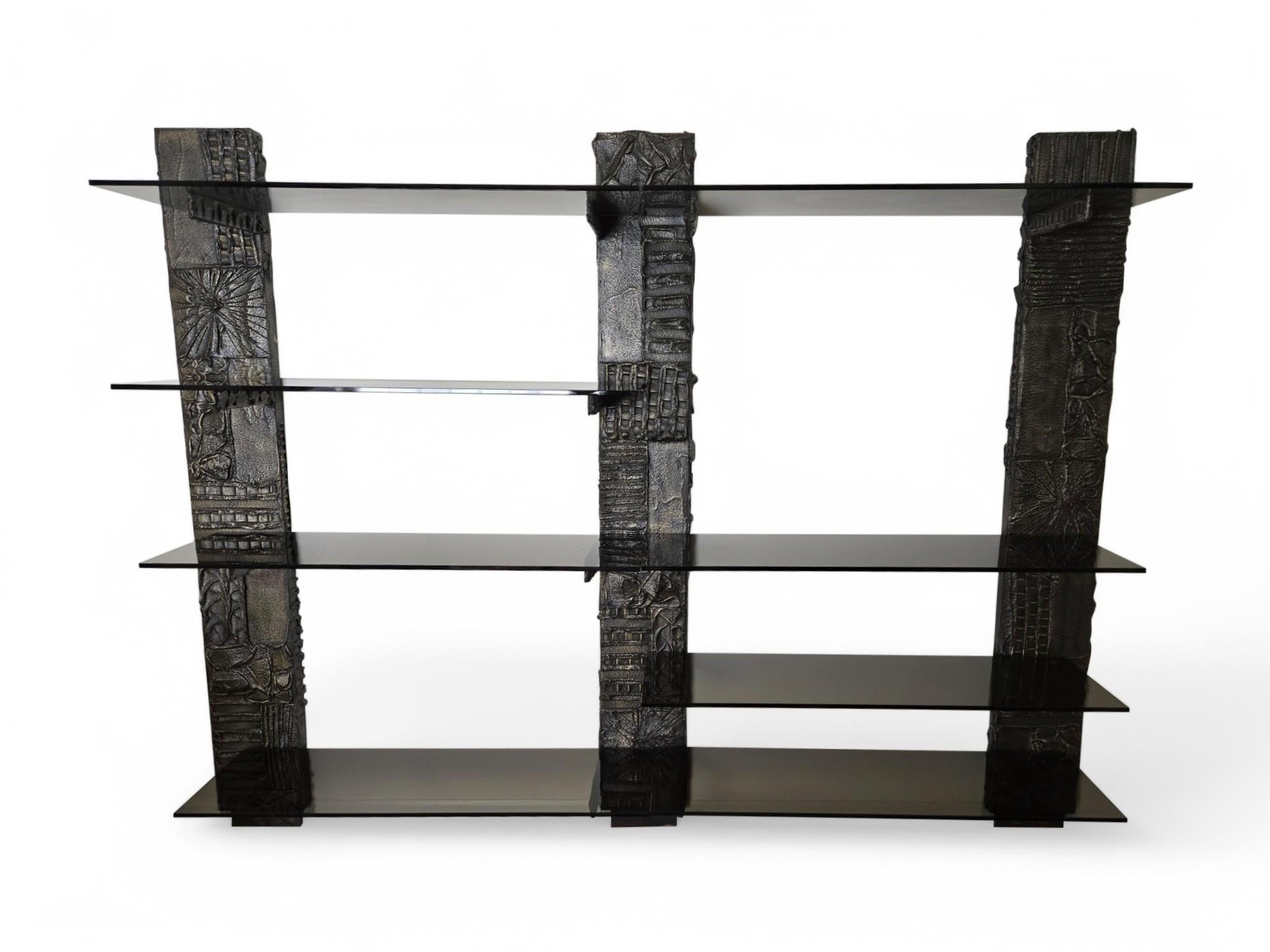 Signed Paul Evans Sculpted Broze Wall Unit with Smoked Glass 1971