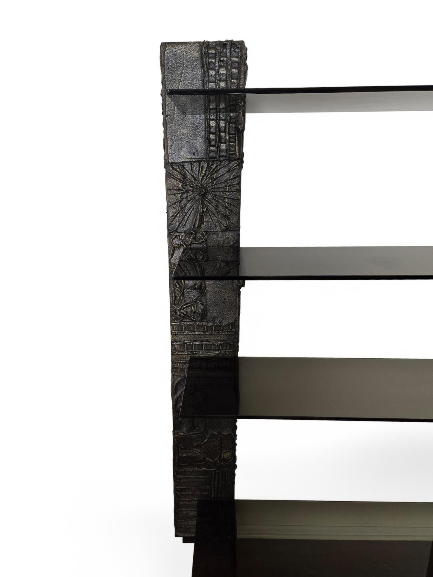 Mid-Century Modern Signed Paul Evans Sculpted Bronze Wall Unit with Smoked Glass 1971 For Sale