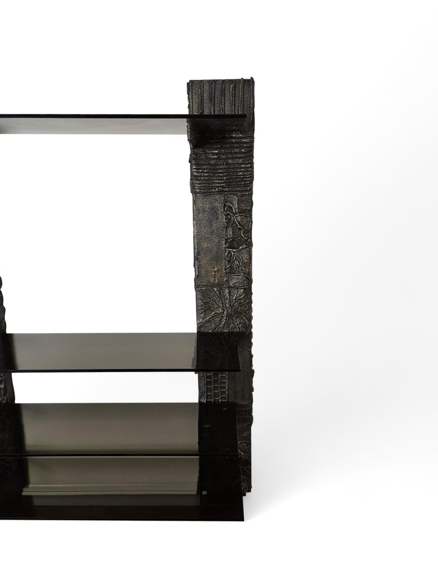 Signed Paul Evans Sculpted Bronze Wall Unit with Smoked Glass 1971 In Good Condition For Sale In Middlesex, NJ