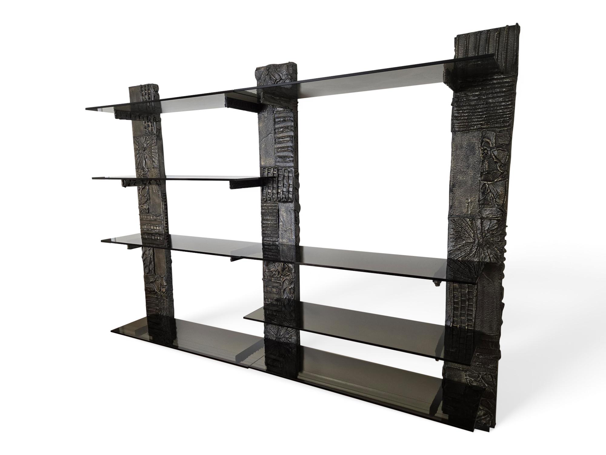 20th Century Signed Paul Evans Sculpted Bronze Wall Unit with Smoked Glass 1971 For Sale