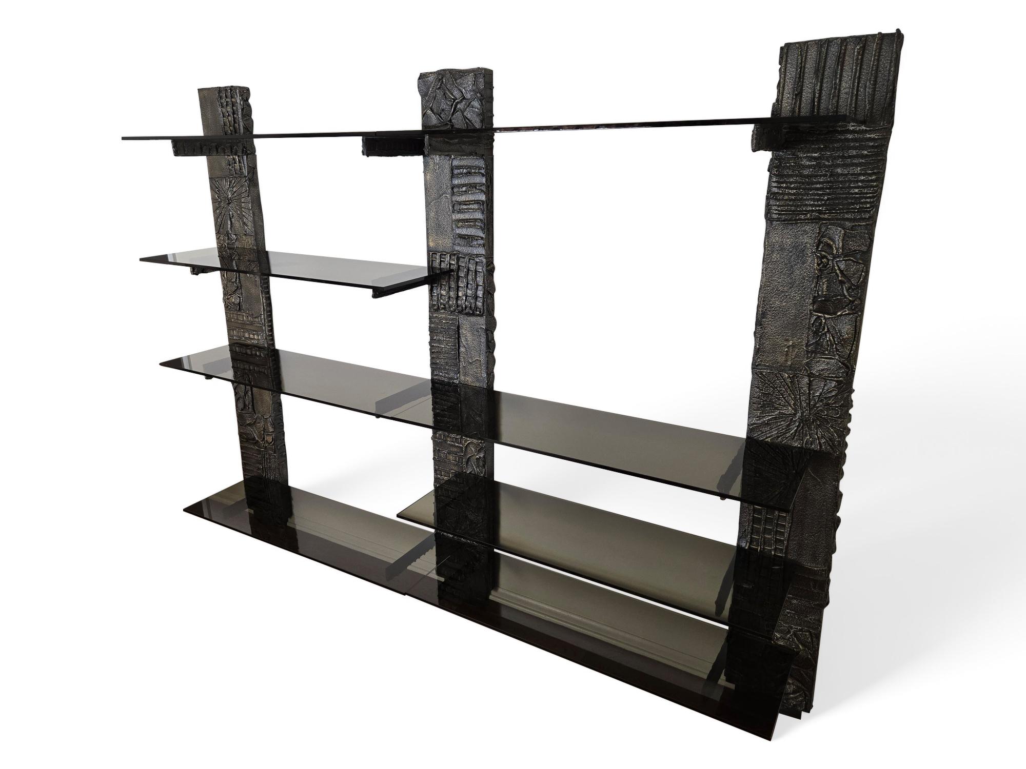 Signed Paul Evans Sculpted Bronze Wall Unit with Smoked Glass 1971 For Sale 1