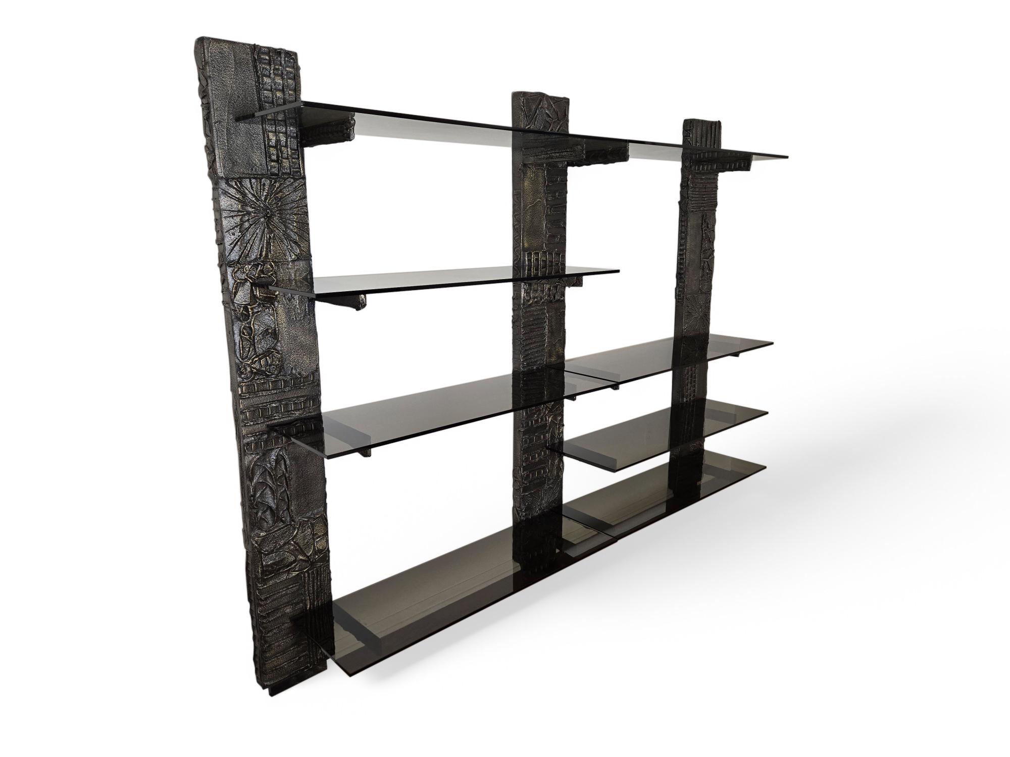 Signed Paul Evans Sculpted Bronze Wall Unit with Smoked Glass 1971 For Sale 2