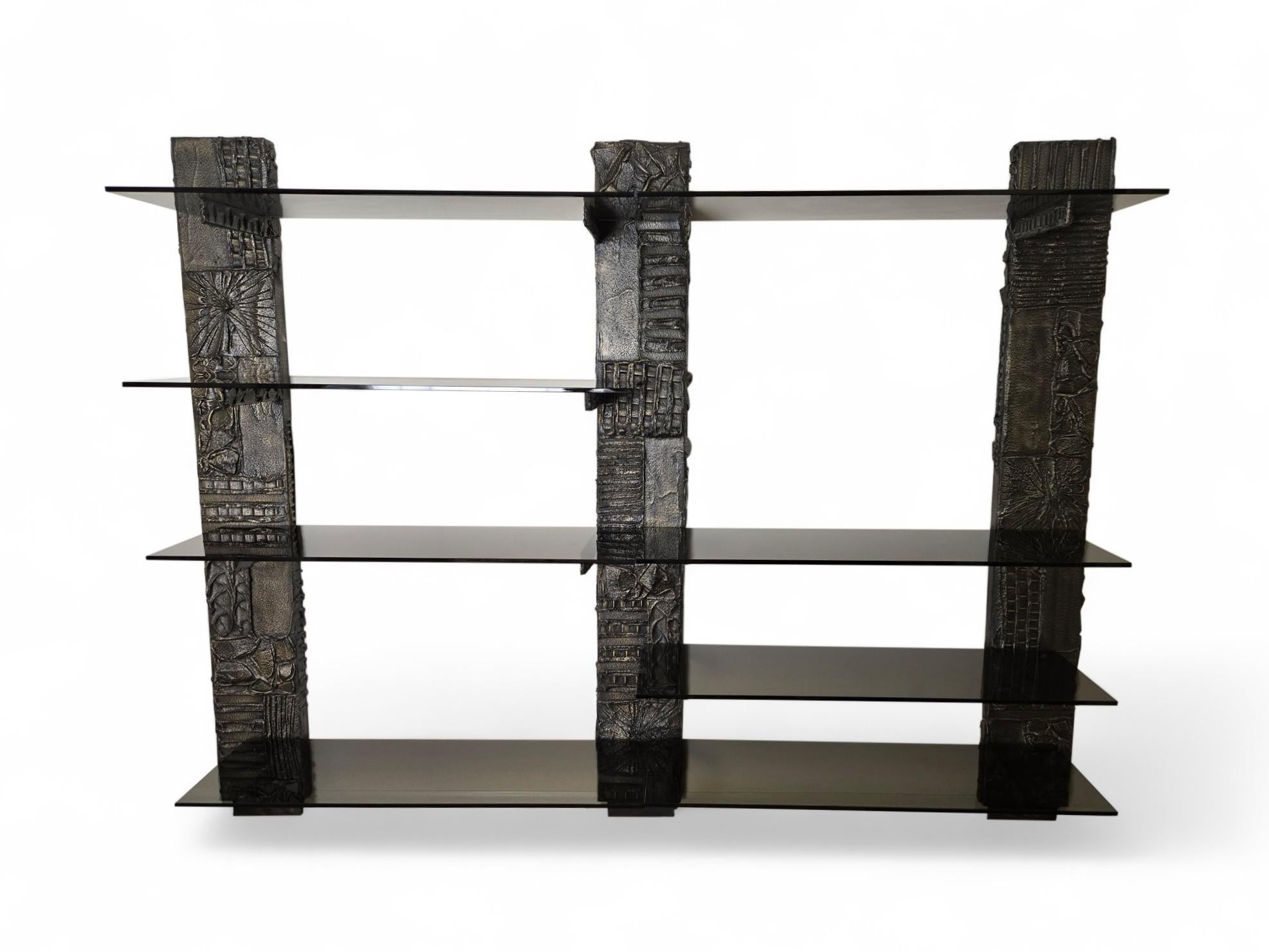 Signed Paul Evans Sculpted Bronze Wall Unit with Smoked Glass 1971 For Sale 3