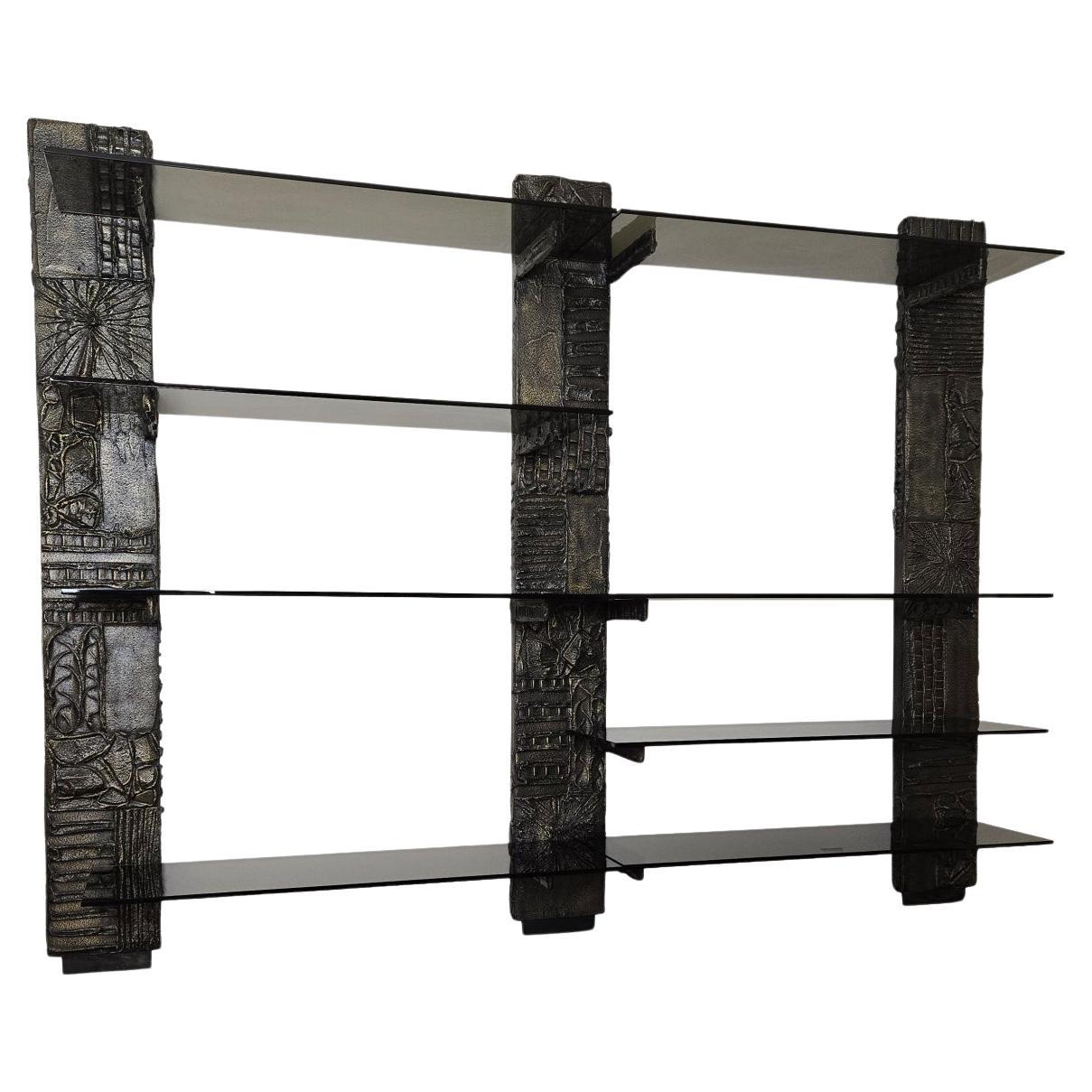 Signed Paul Evans Sculpted Bronze Wall Unit with Smoked Glass 1971 For Sale