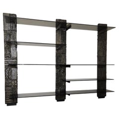Signed Paul Evans Sculpted Bronze Wall Unit with Smoked Glass 1971