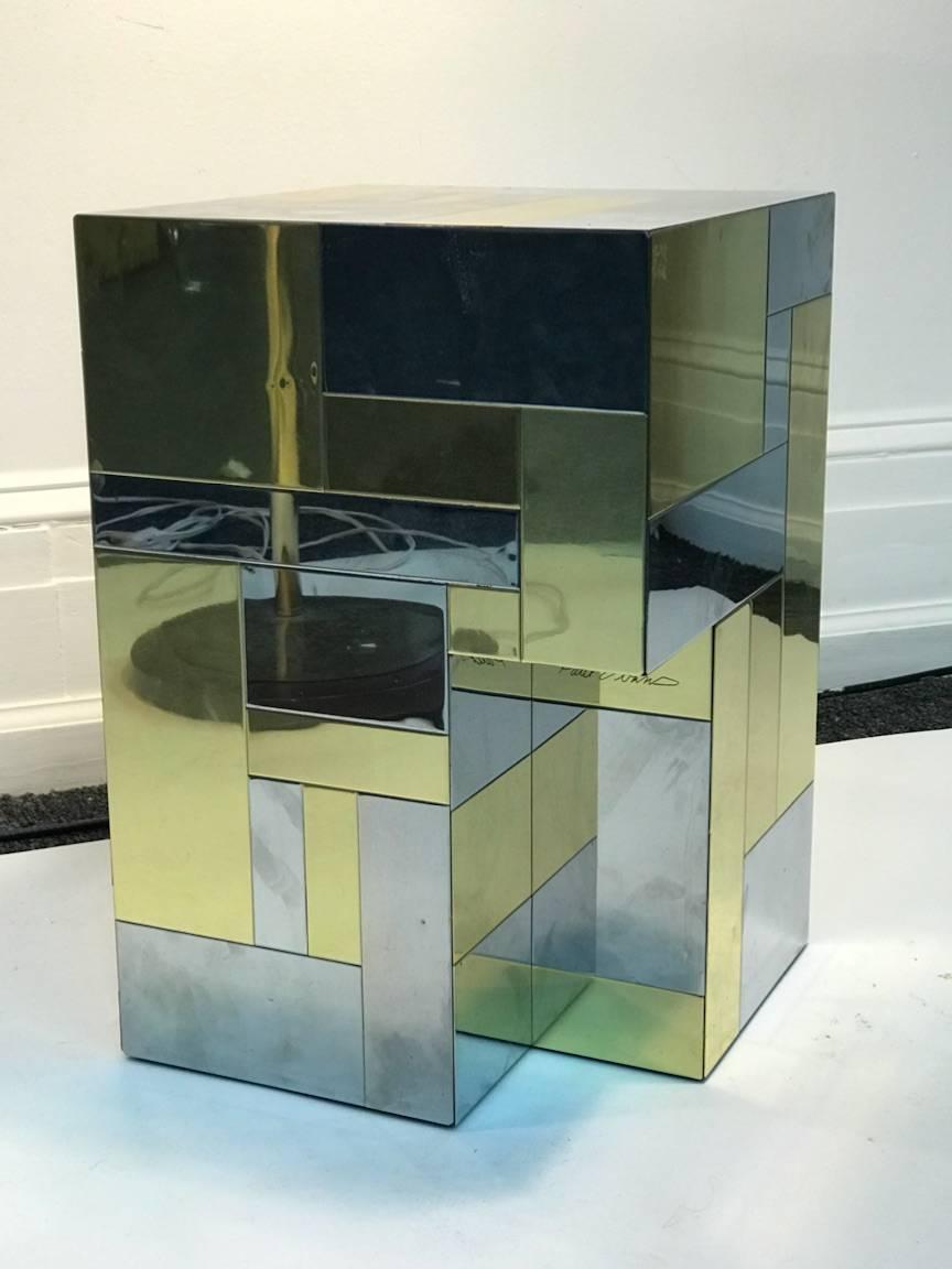 Cubist form Paul Evans cityscape table-pedestal in polished brass and chrome square and rectangle design. Signed Paul Evans this table was designed in the 1970s.