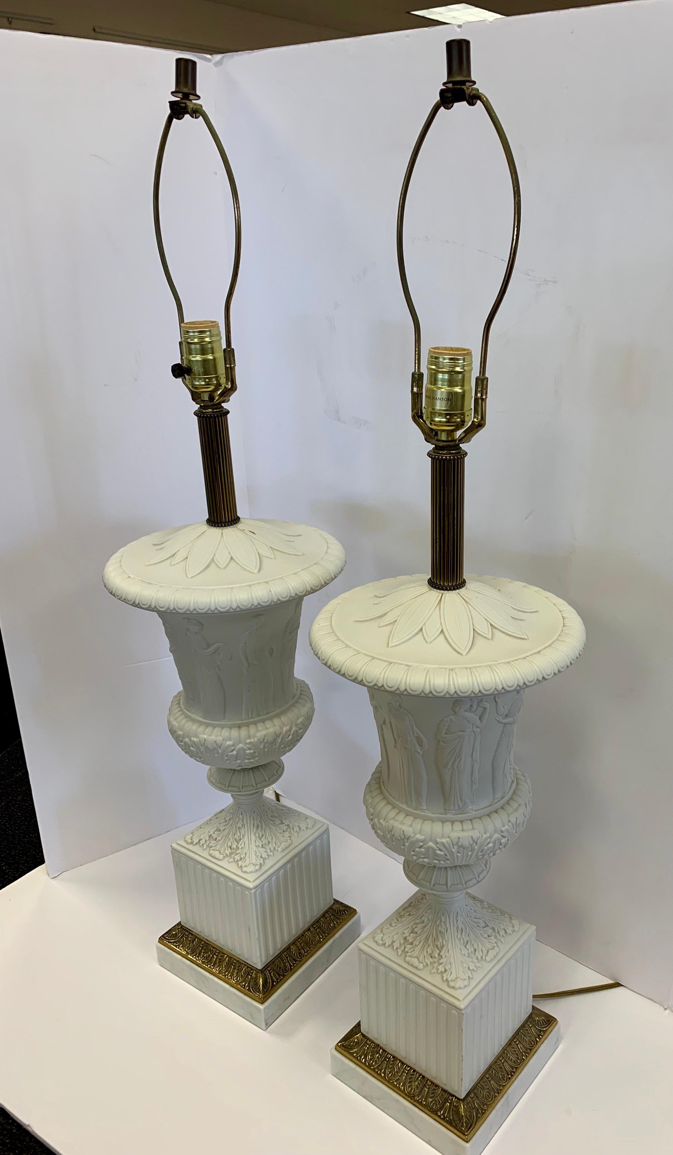 Signed Paul Hanson Carrara Carved Marble & Porcelain Table Lamps Made in Italy 2