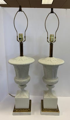 Signed Paul Hanson Carrara Carved Marble & Porcelain Table Lamps Made in Italy