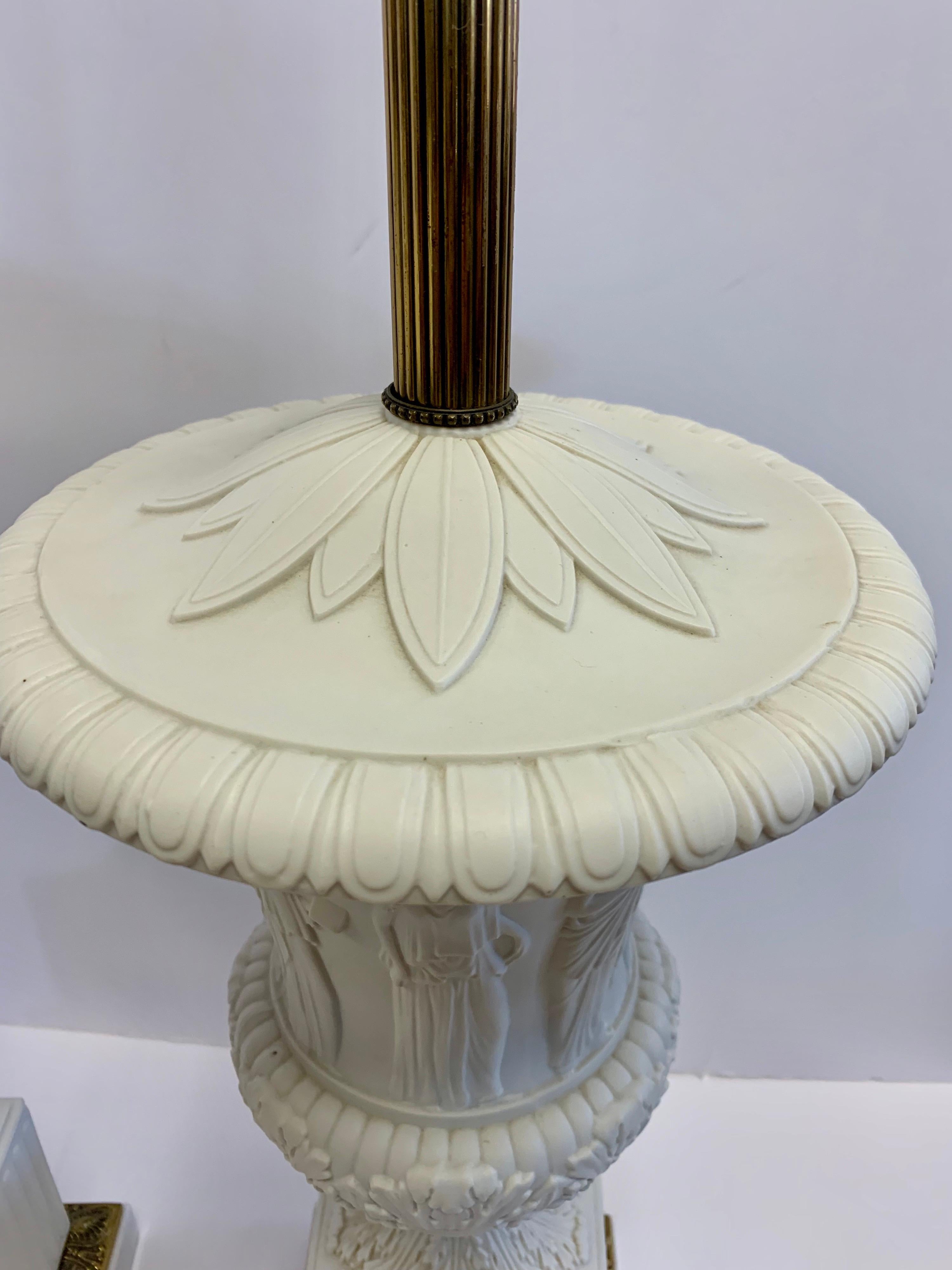 Italian Signed Paul Hanson Carrara Carved Marble & Porcelain Table Lamps Made in Italy