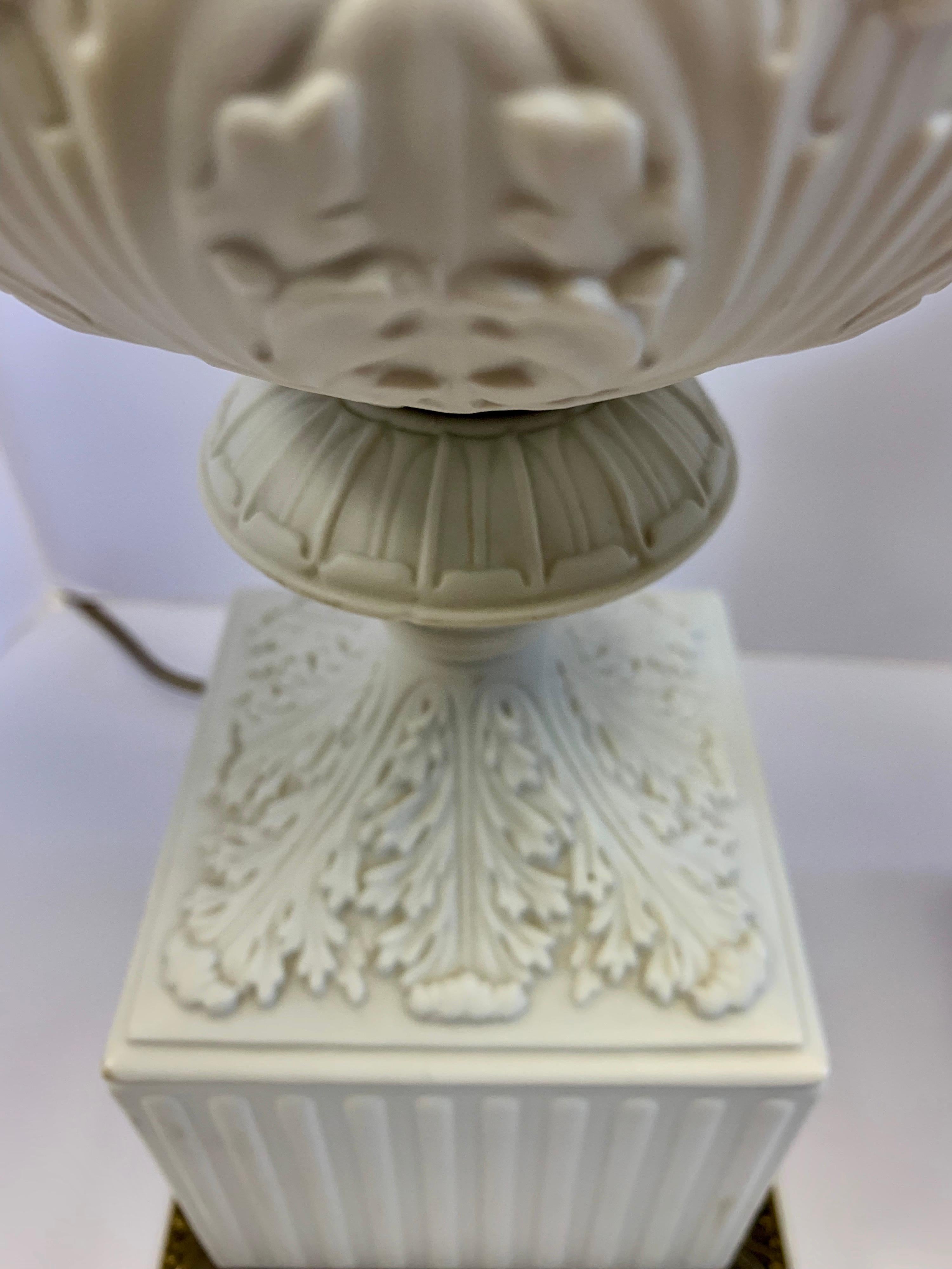 Mid-20th Century Signed Paul Hanson Carrara Carved Marble & Porcelain Table Lamps Made in Italy