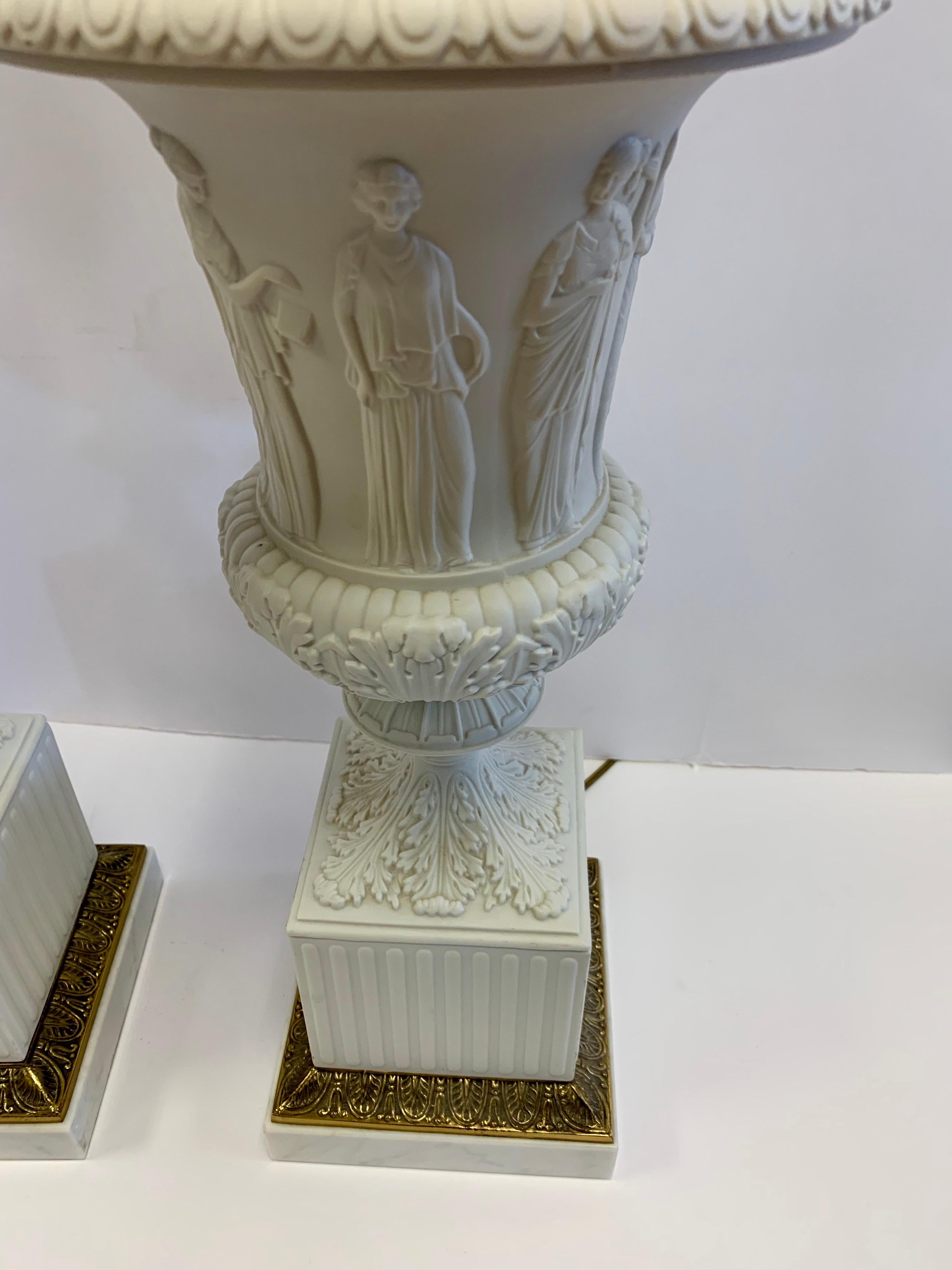 Signed Paul Hanson Carrara Carved Marble & Porcelain Table Lamps Made in Italy 1