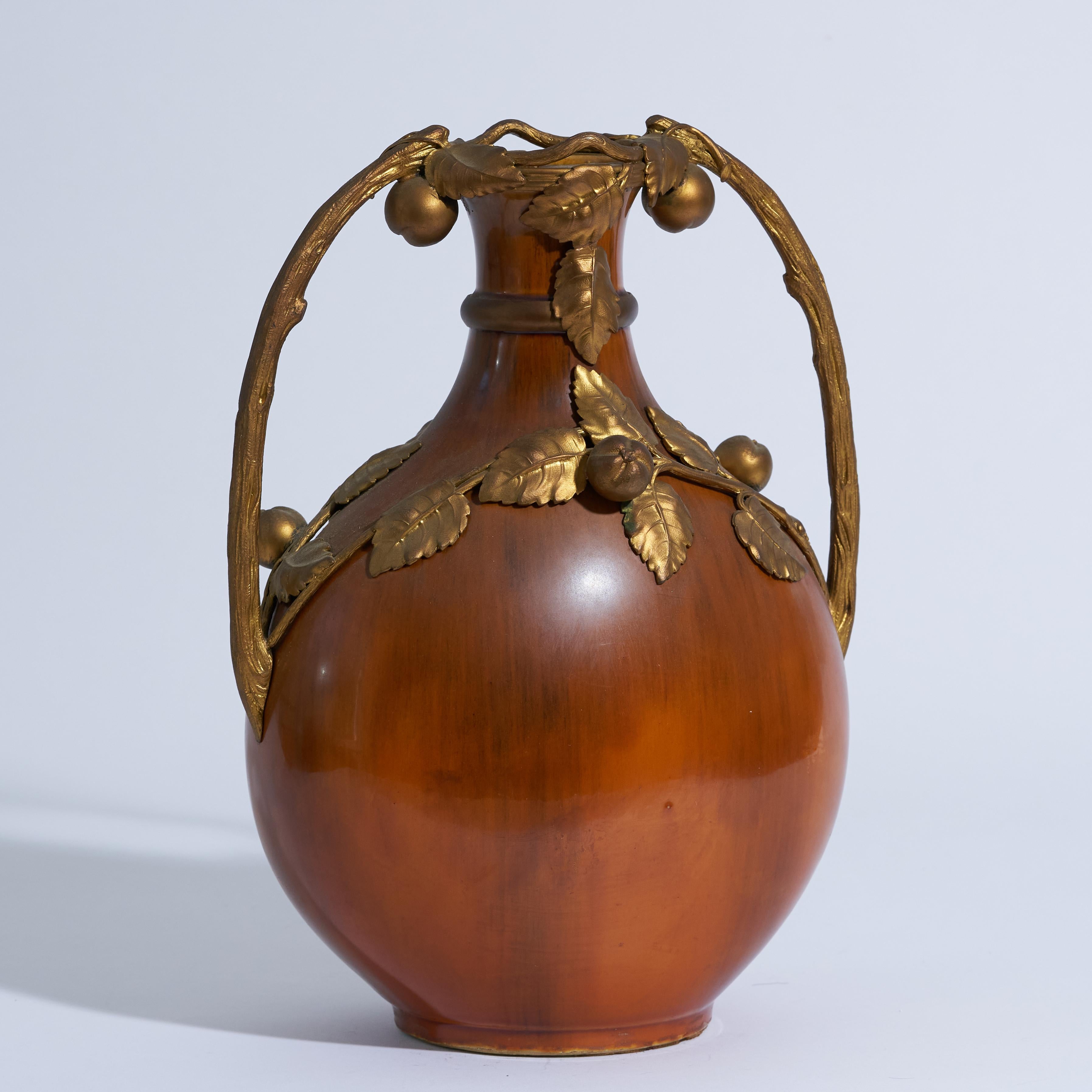 Glazed Signed Paul Jean Milet, Bronze-Mounted Art Nouveau-Period Sevres Art Pottery Vas