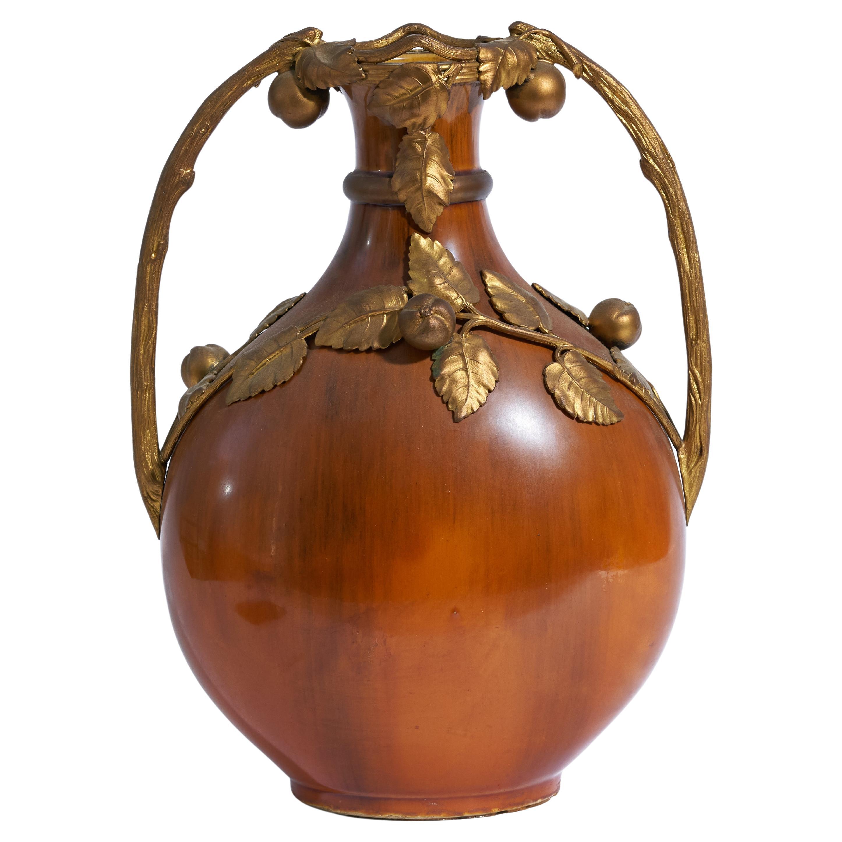 Signed Paul Jean Milet, Bronze-Mounted Art Nouveau-Period Sevres Art Pottery Vas