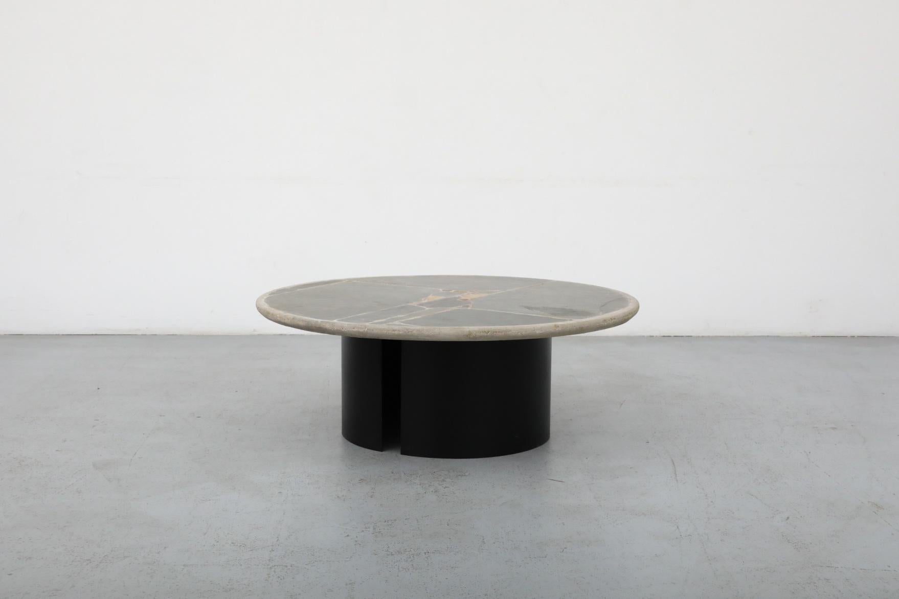 Brutalist Signed Paul Kingma Round Cement Mosaic Coffee Table with Brass Accents
