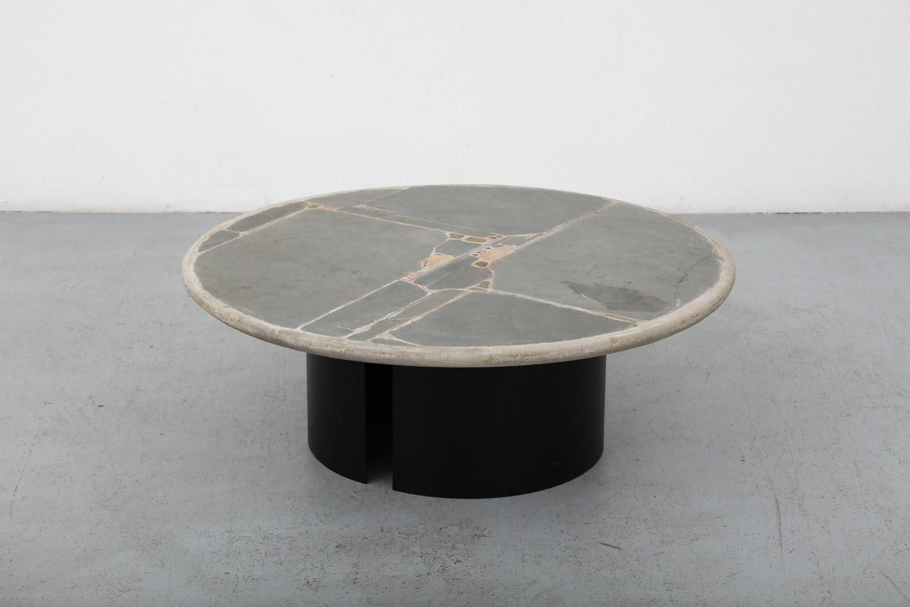 Dutch Signed Paul Kingma Round Cement Mosaic Coffee Table with Brass Accents