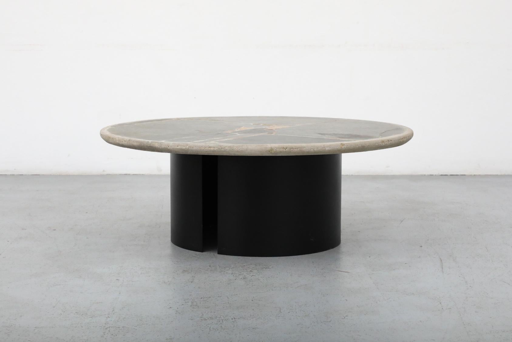 Enameled Signed Paul Kingma Round Cement Mosaic Coffee Table with Brass Accents