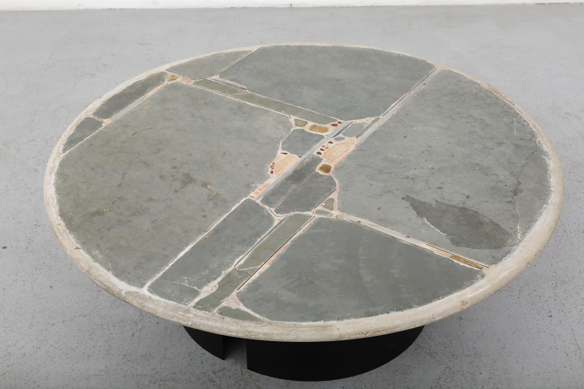 Signed Paul Kingma Round Cement Mosaic Coffee Table with Brass Accents In Good Condition In Los Angeles, CA