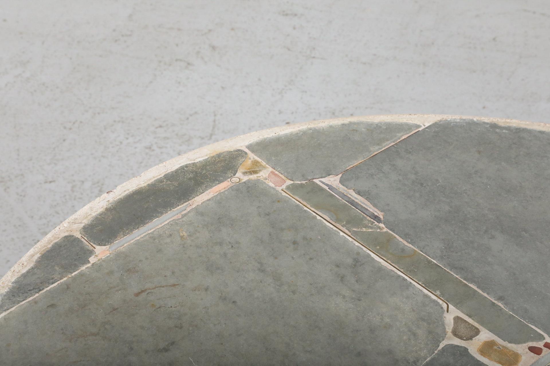 20th Century Signed Paul Kingma Round Cement Mosaic Coffee Table with Brass Accents