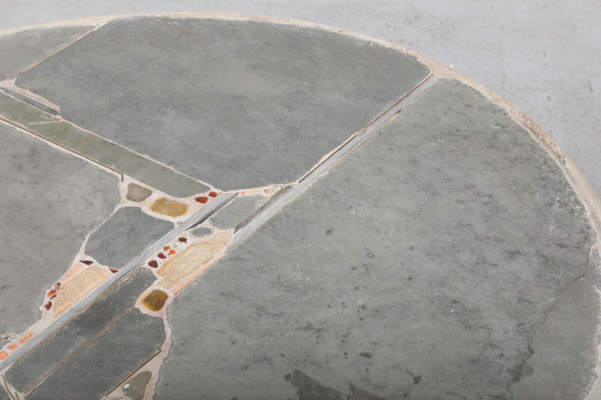 Signed Paul Kingma Round Cement Mosaic Coffee Table with Brass Accents 1