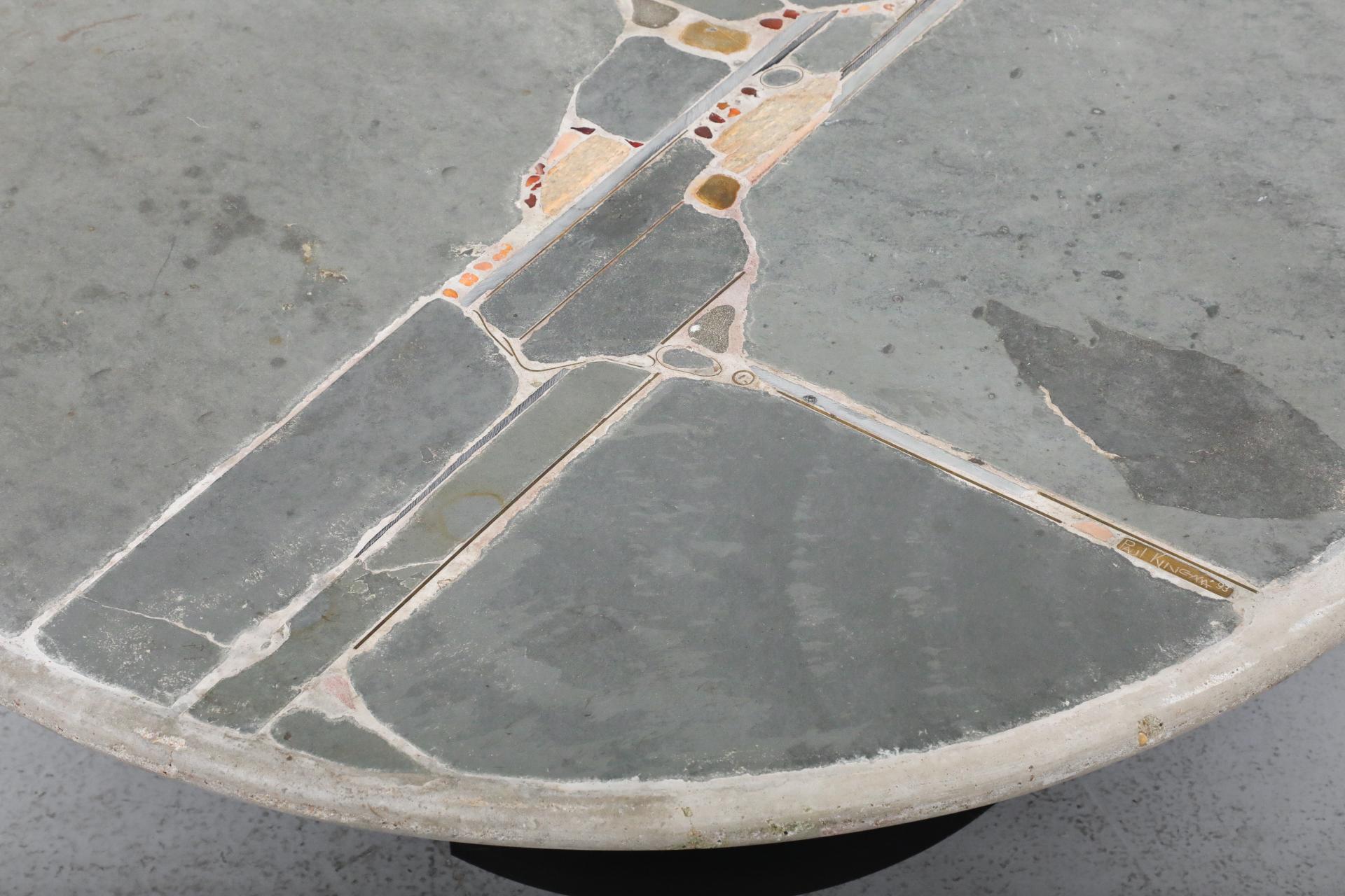Signed Paul Kingma Round Cement Mosaic Coffee Table with Brass Accents 2