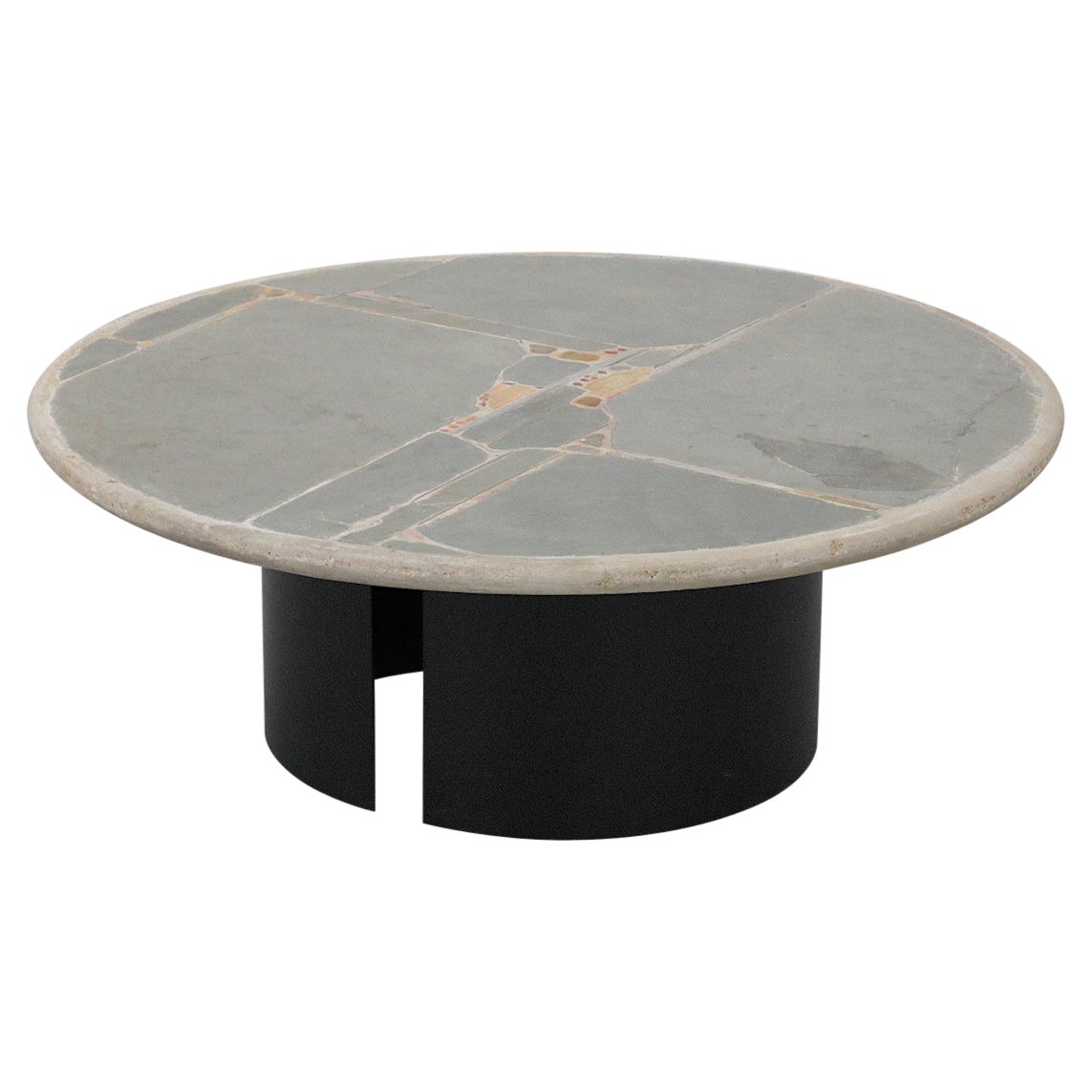 Signed Paul Kingma Round Cement Mosaic Coffee Table with Brass Accents
