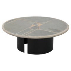 Signed Paul Kingma Round Cement Mosaic Coffee Table with Brass Accents