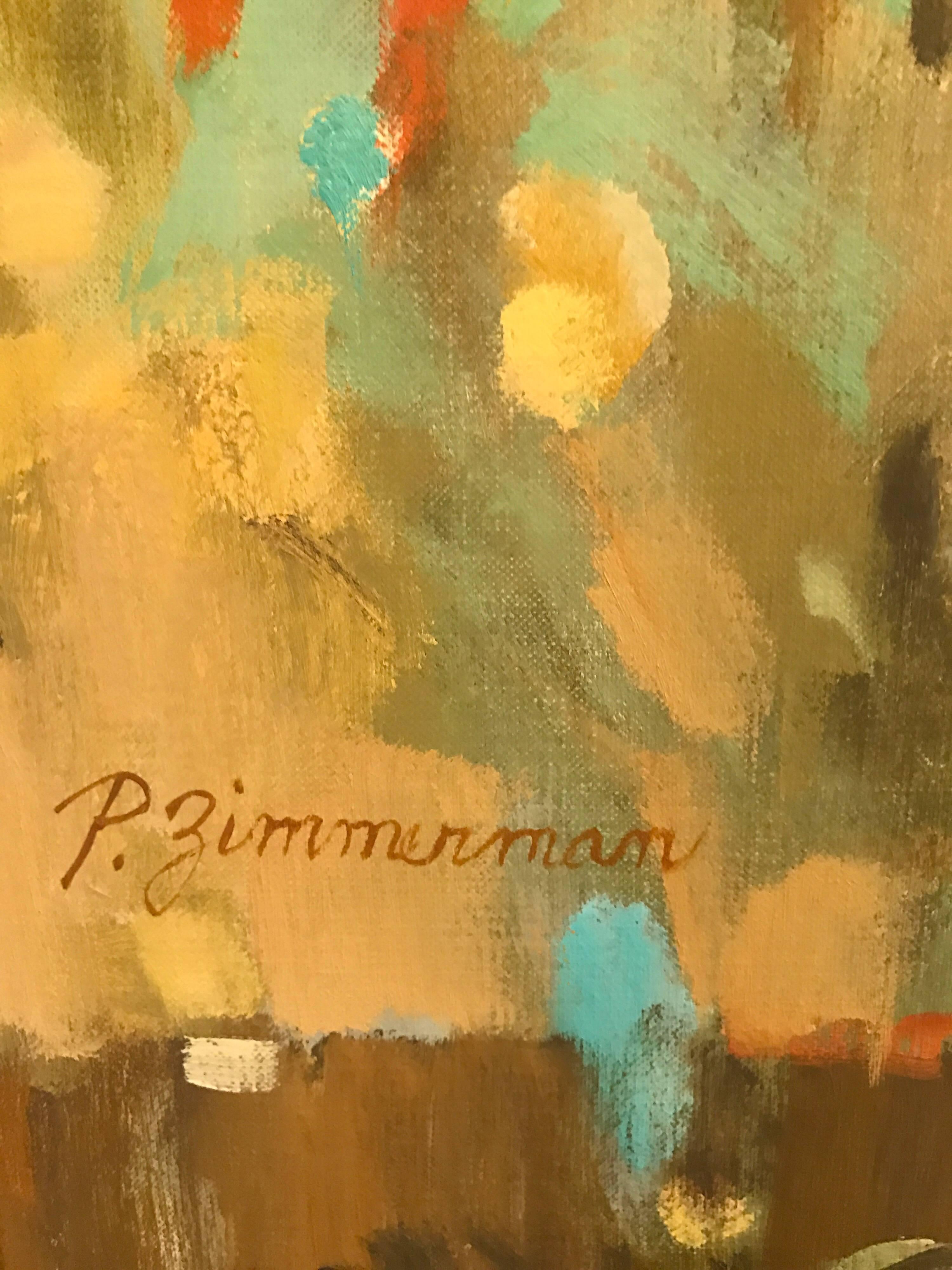 Signed Paul Zimmerman Large Mid Century Abstract Summer Floral Oil