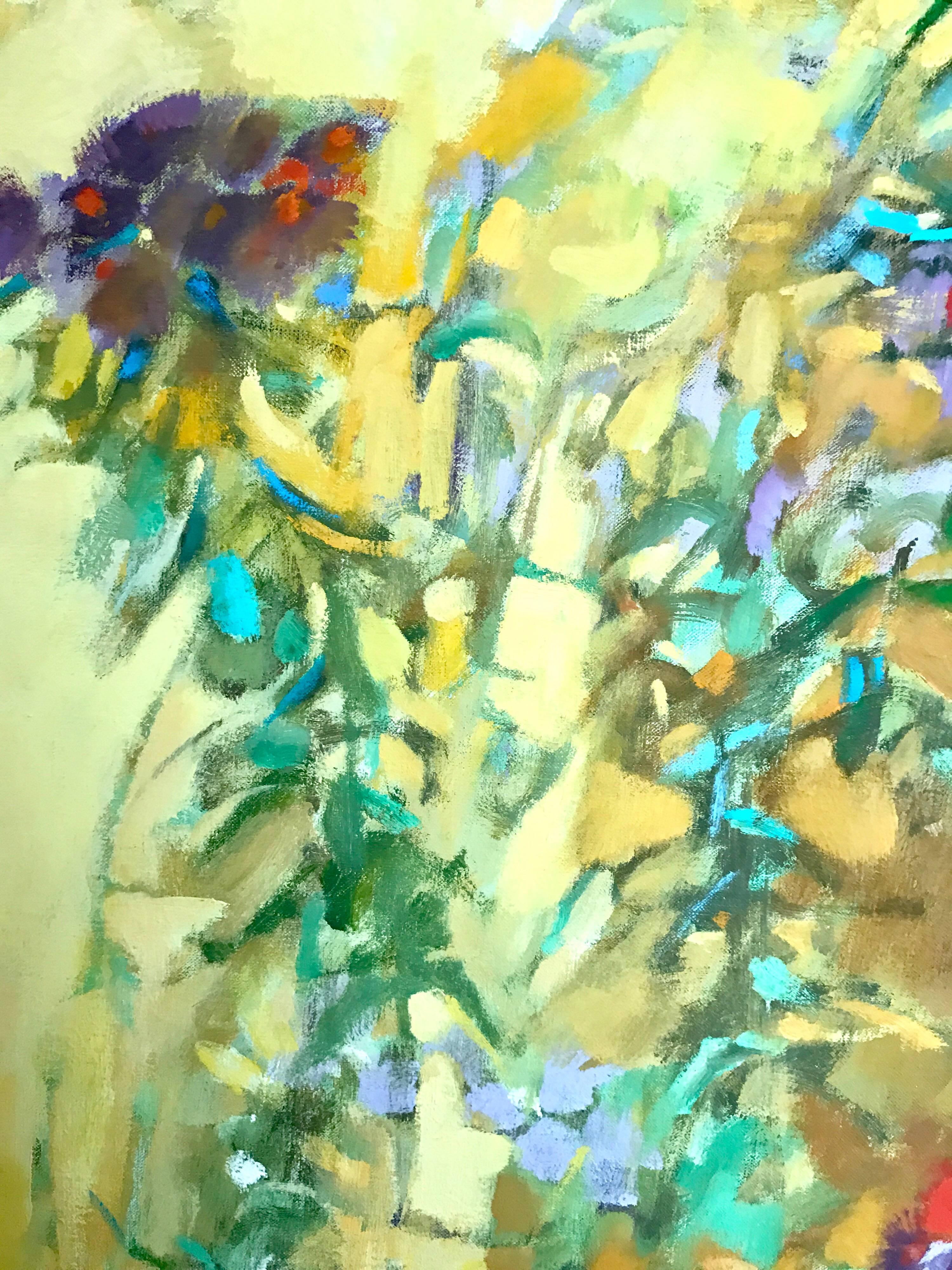 Signed Paul Zimmerman Large Mid Century Abstract Summer Floral Oil Painting In Excellent Condition In West Hartford, CT