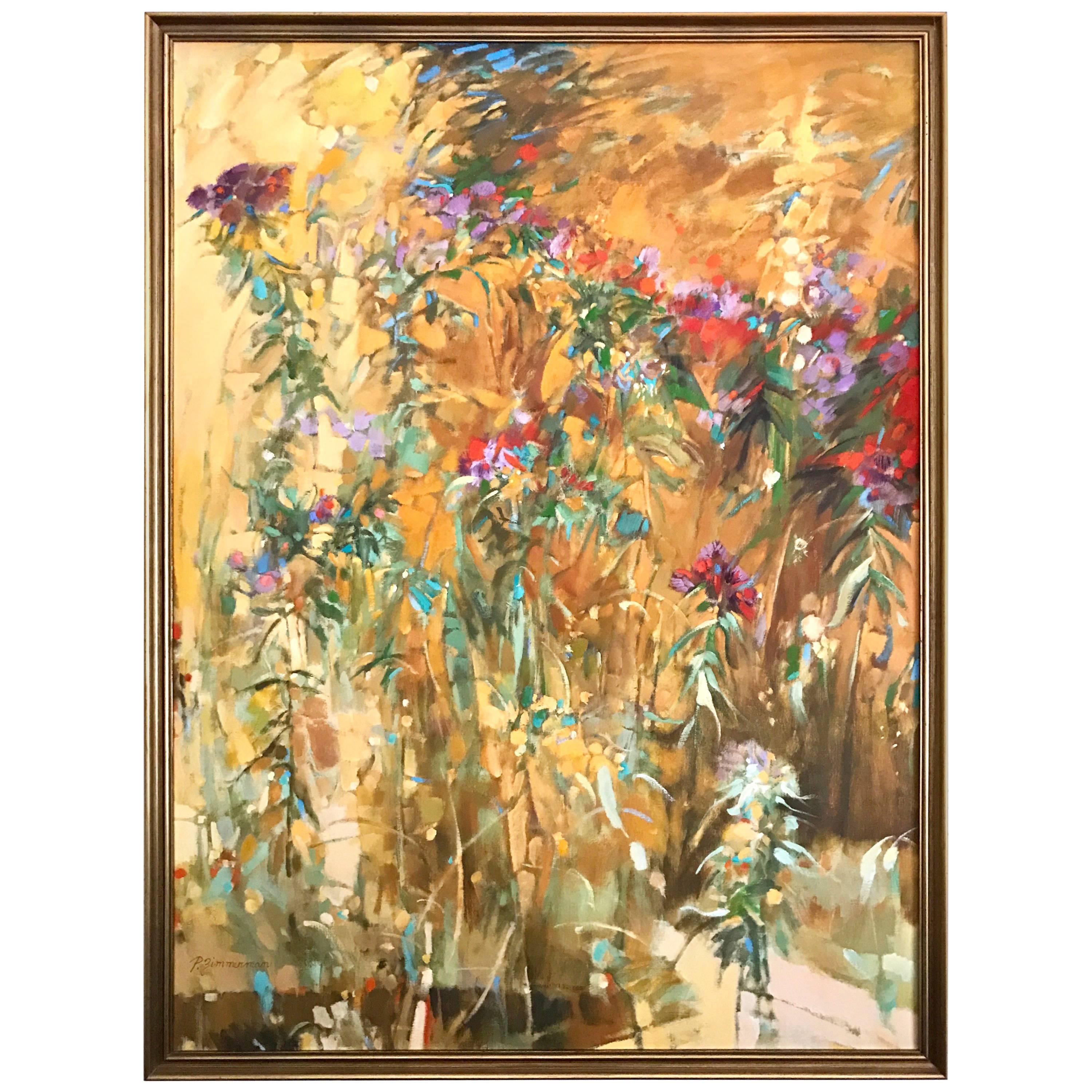 Signed Paul Zimmerman Large Mid Century Abstract Summer Floral Oil Painting