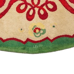 Signed Paule Leleu Vintage Art Deco Circle Rug, Green with Florals - Rug & Kilim