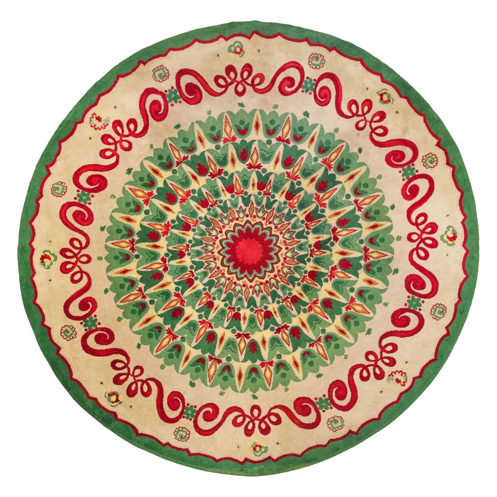 Signed Paule Leleu Vintage Art Deco Circle Rug, Green with Florals - Rug 
Kilim For Sale