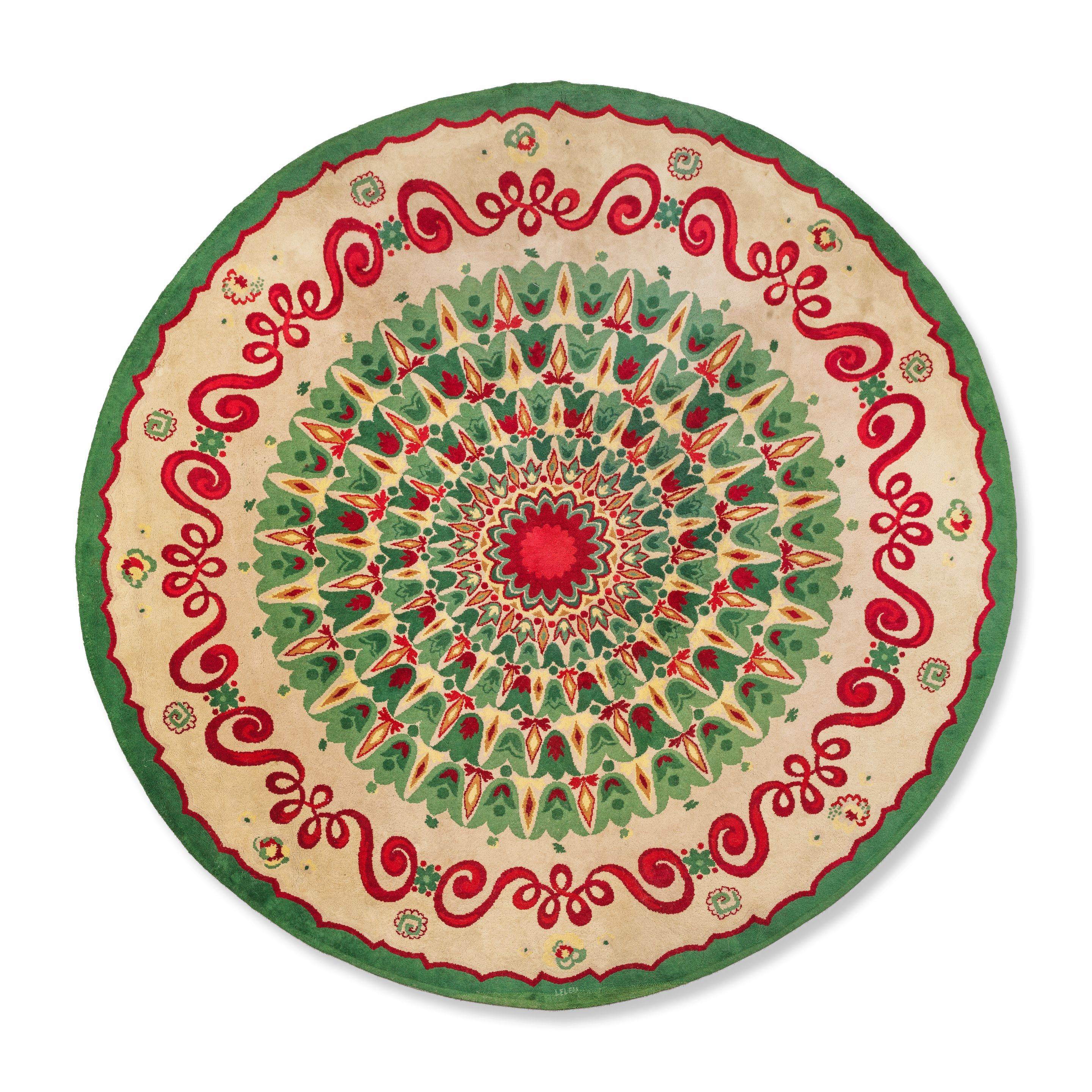 Tapis circulaire Art of Vintage signé Paule Leleu, vert avec fleurs - Rug
Kilim