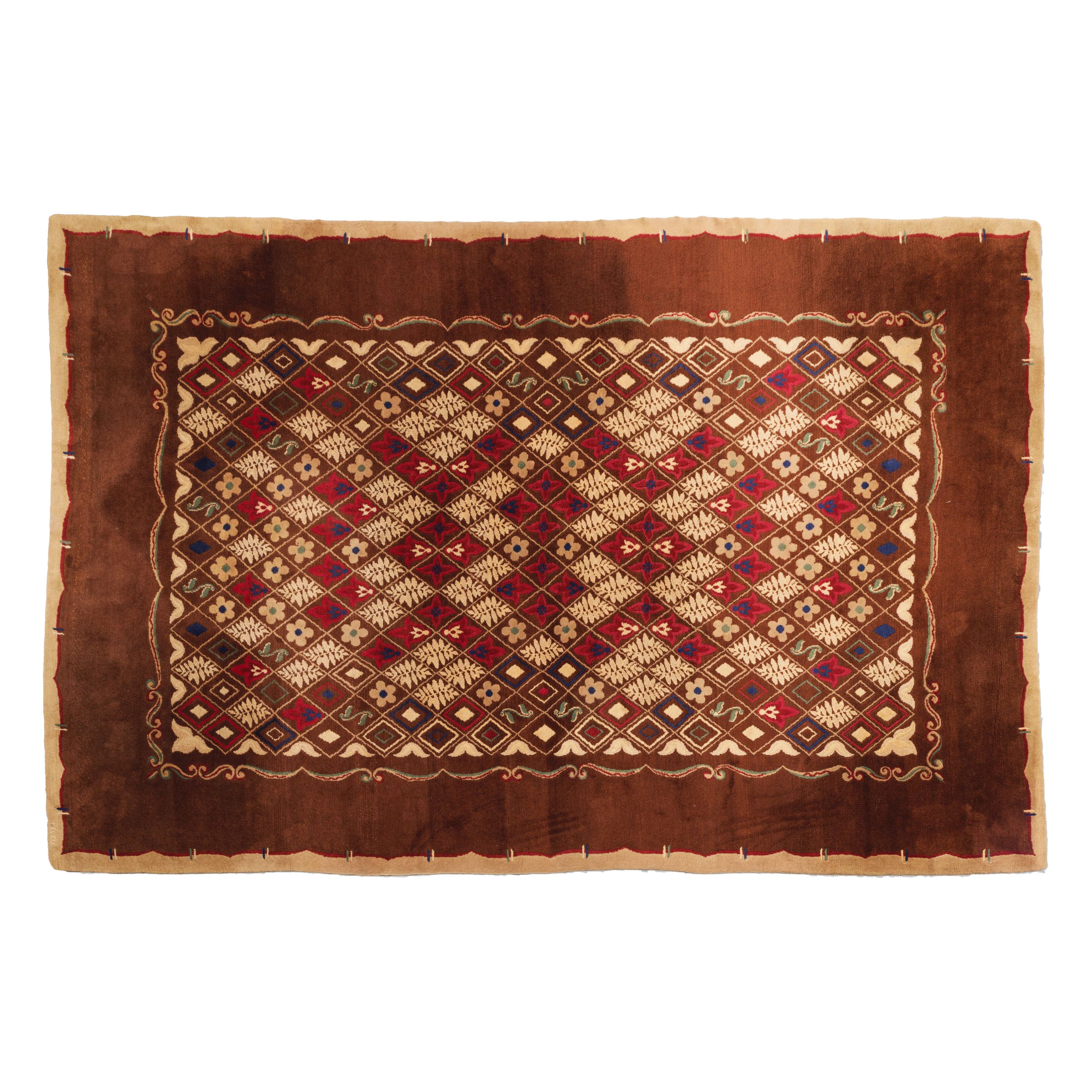 Signed Paule Leleu Vintage Art Deco Rug in Brown with Florals - Rug 
Kilim For Sale