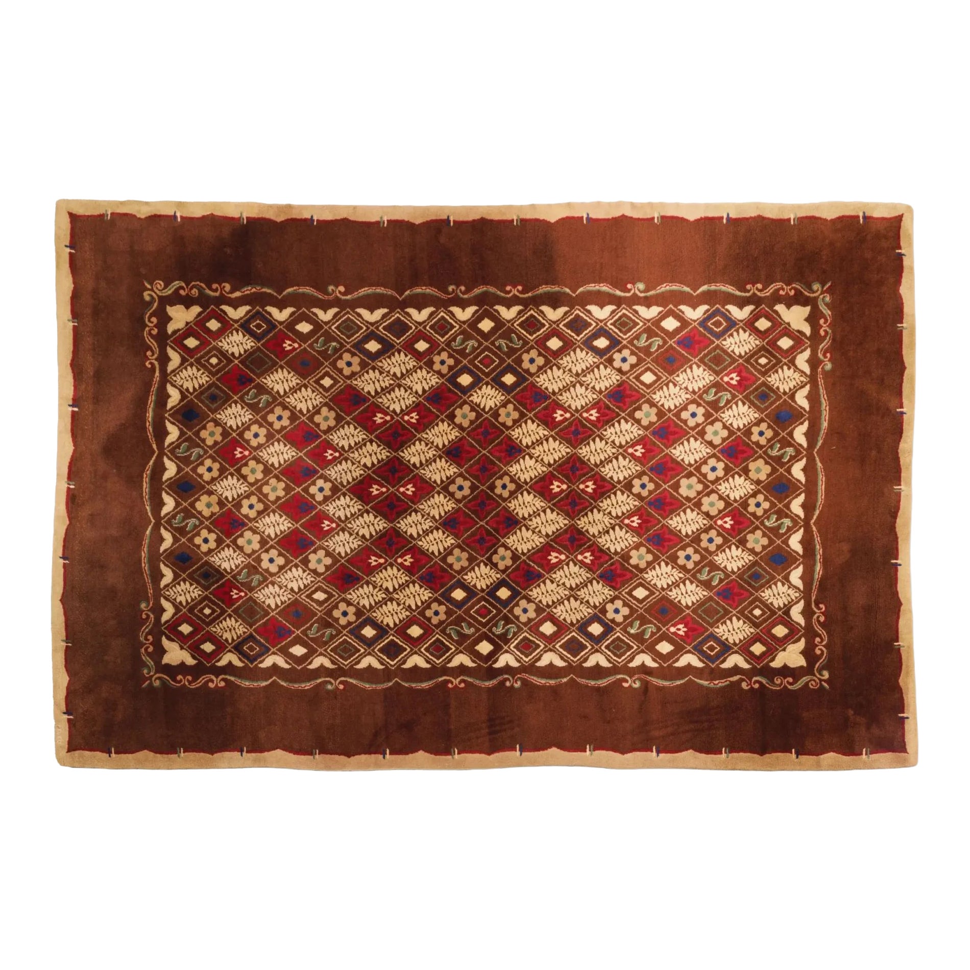 Signed Paule Leleu Vintage Art Deco Rug in Brown with Florals - Rug 
Kilim For Sale