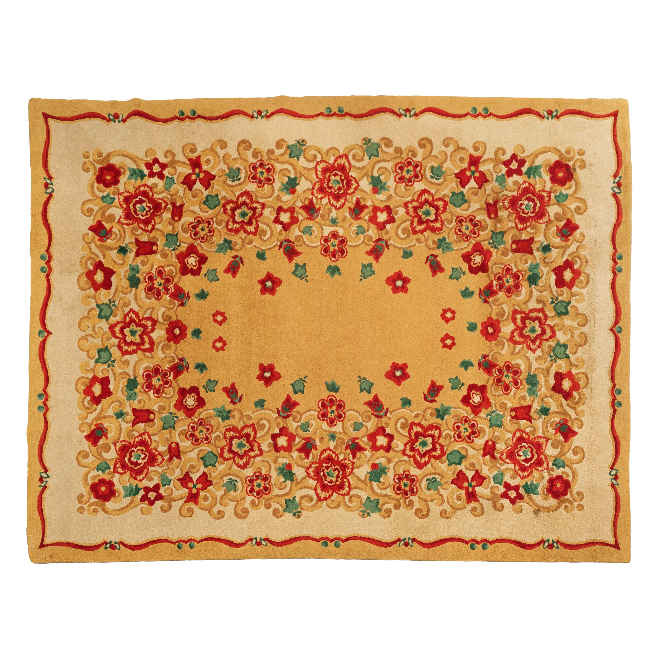Tappeto firmato Paule Leleu Vintage Art Deco in oro con fiori - Rug
Kilim