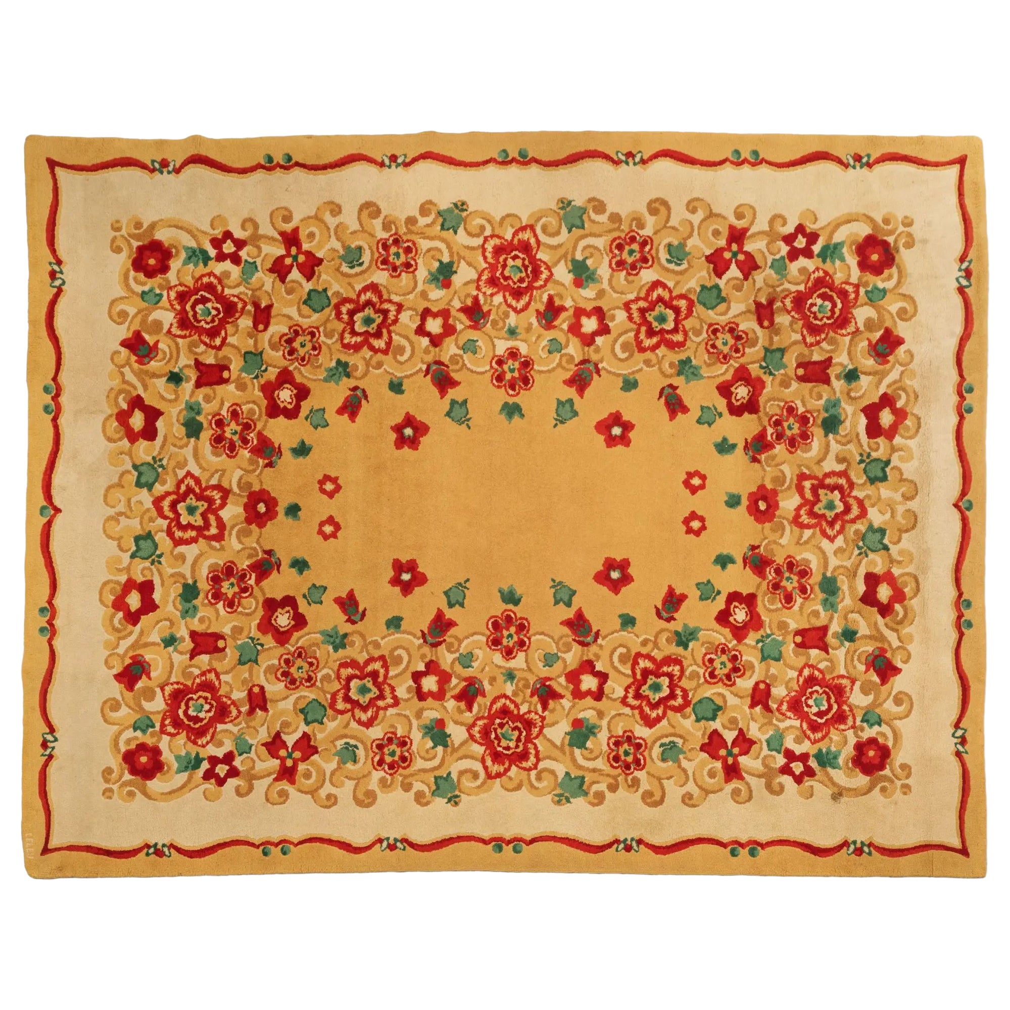 Signed Paule Leleu Vintage Art Deco Rug in Gold with Florals - Rug 
Kilim For Sale