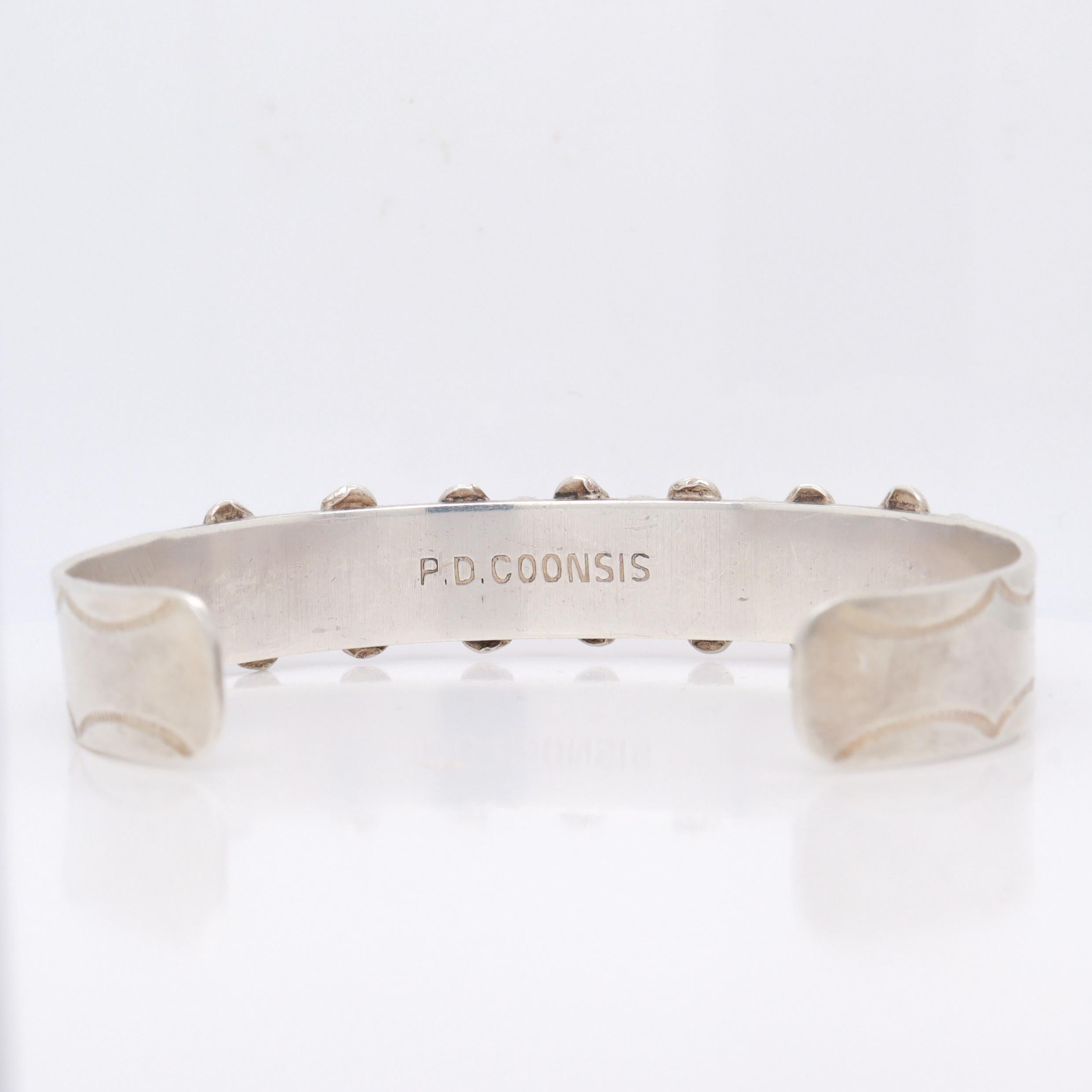 Signed PD Coonsis Zuni Silver & Coral Cabochon Cuff Bracelet For Sale 5