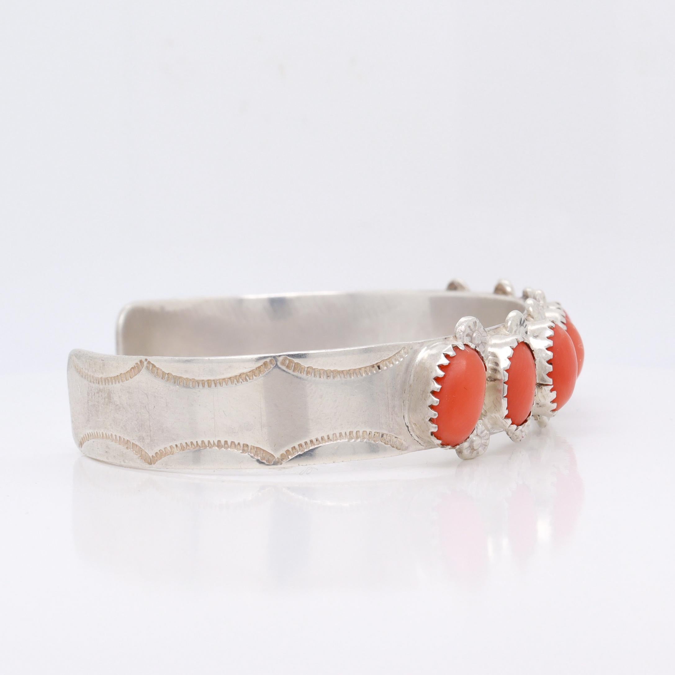 Signed PD Coonsis Zuni Silver & Coral Cabochon Cuff Bracelet For Sale 6