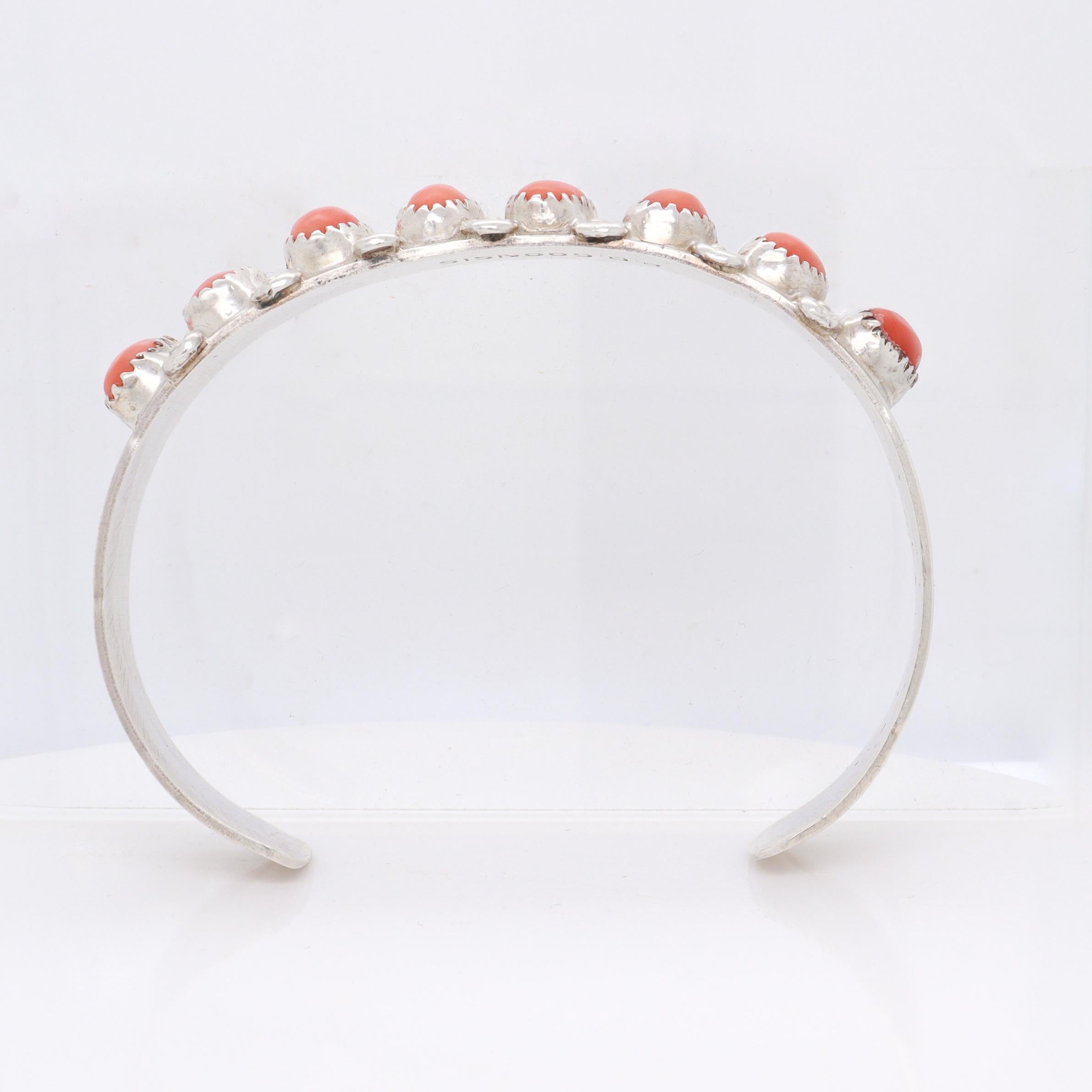 Signed PD Coonsis Zuni Silver & Coral Cabochon Cuff Bracelet For Sale 7