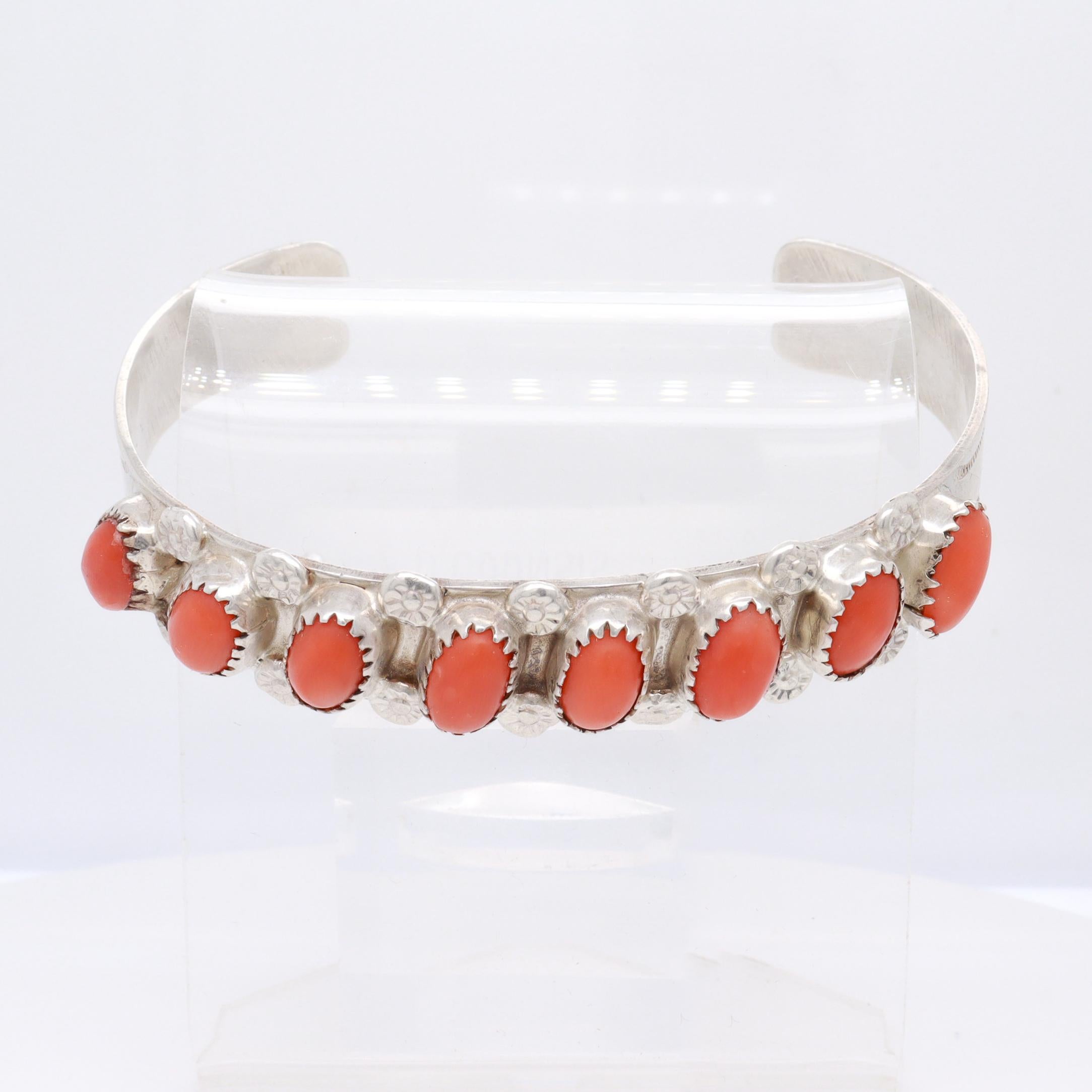 Women's Signed PD Coonsis Zuni Silver & Coral Cabochon Cuff Bracelet For Sale
