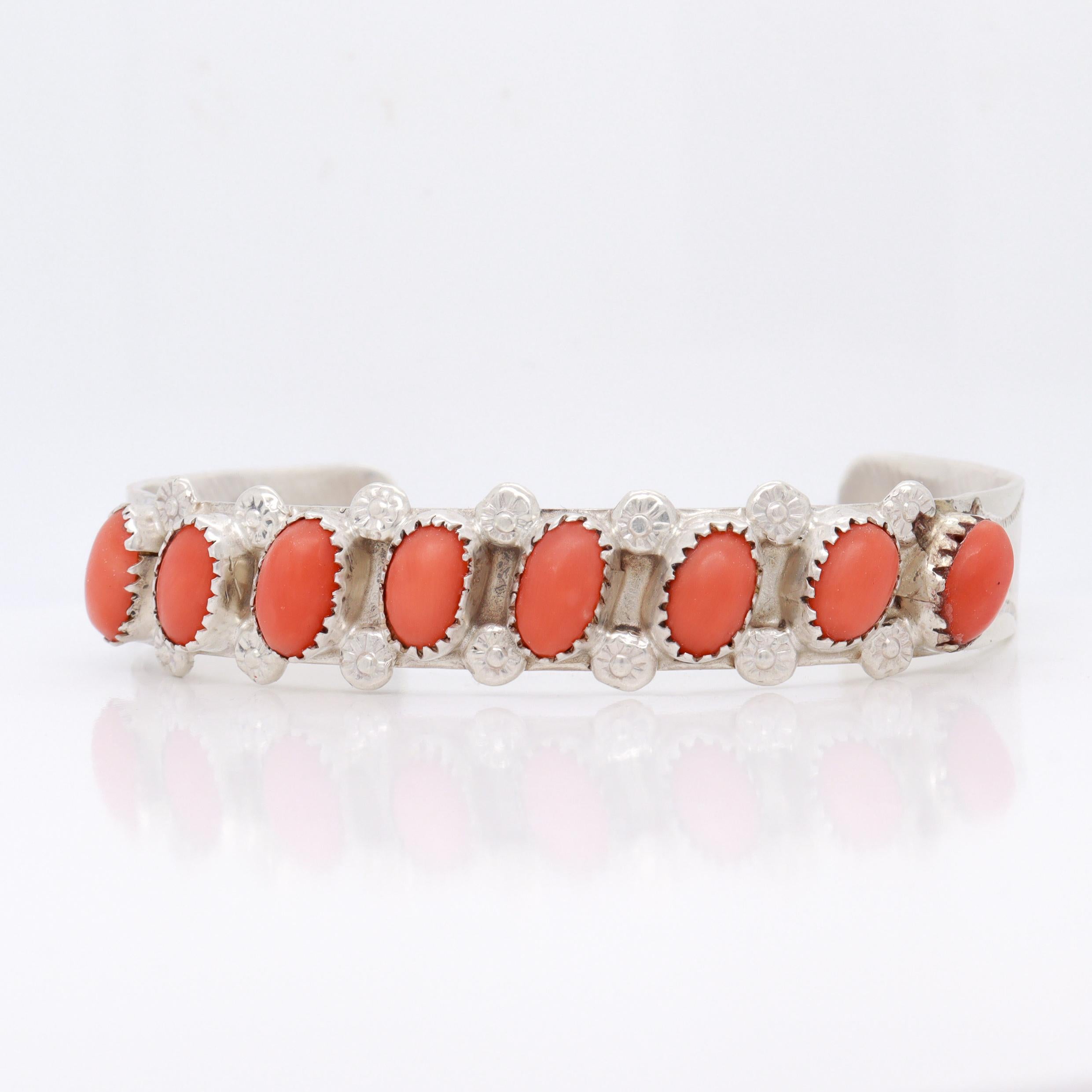 Signed PD Coonsis Zuni Silver & Coral Cabochon Cuff Bracelet For Sale 1